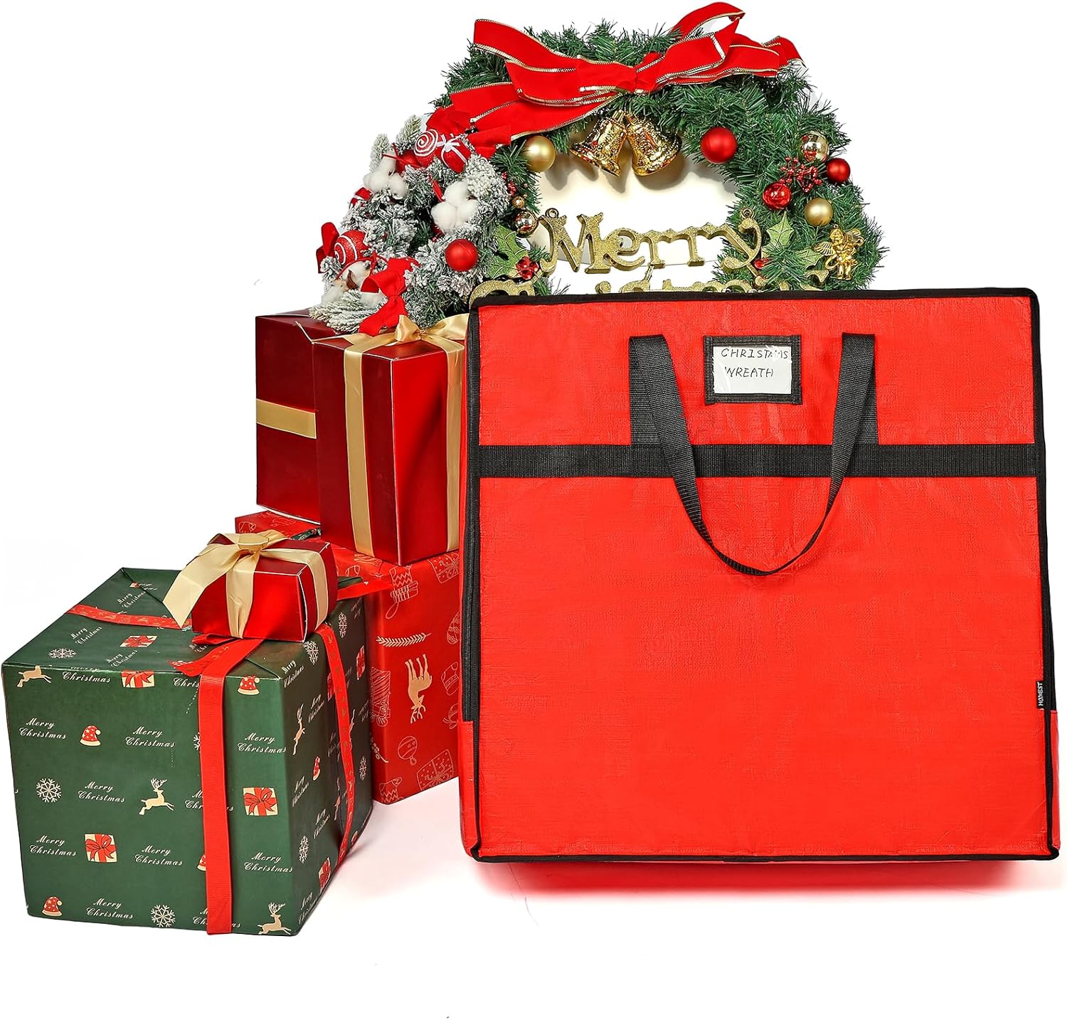 HOMEST Christmas Wreath Storage Container, Wreath Bag, Durable Material, Zipper, Extra Securing Straps, Reinforced Handles, Dust, Pest Protection, 24" Premium Wreath Storage Organizer Box
