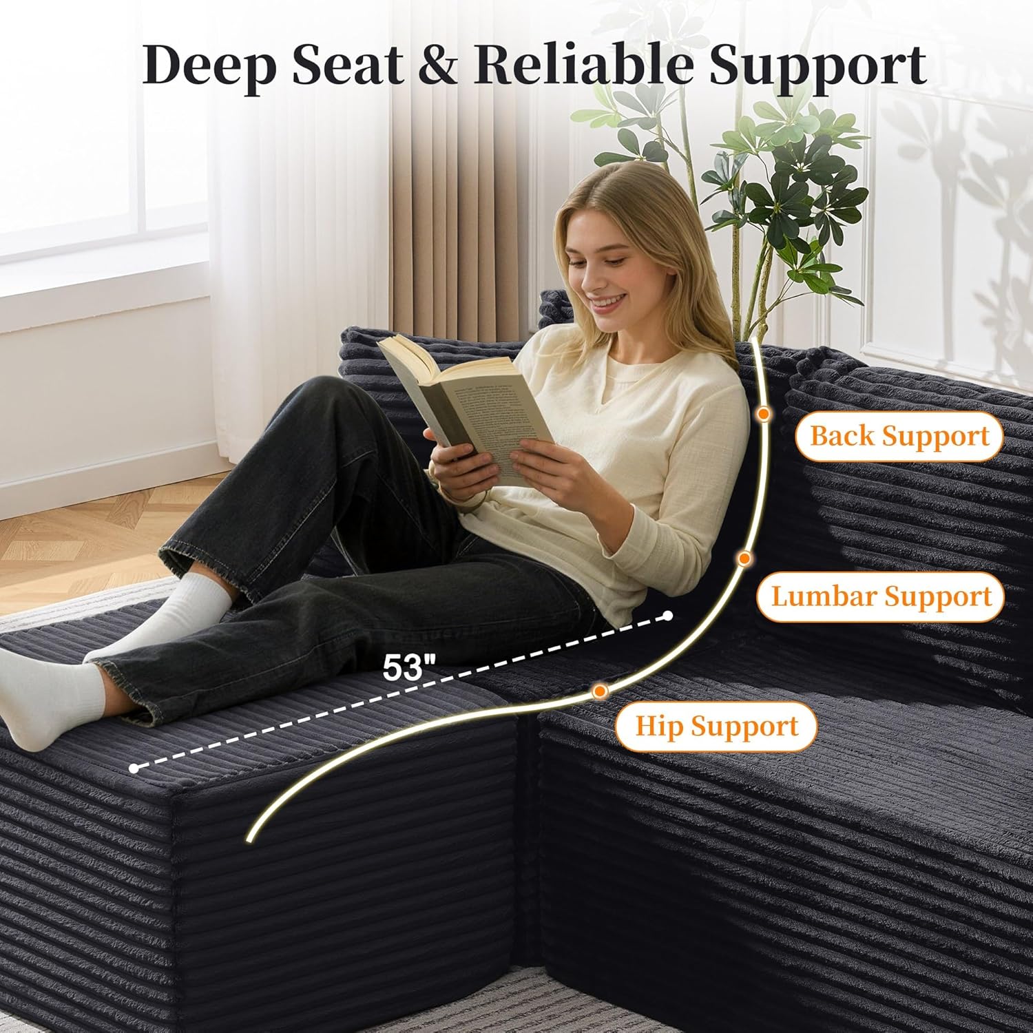 Korser Cloud Modular Sectional Sofa with L-Shaped, Boneless Couches for Living Room, Fluffy Comfy Corduroy Deep Seat with Ottoman, Bedroom, Apartment, No Assembly Required