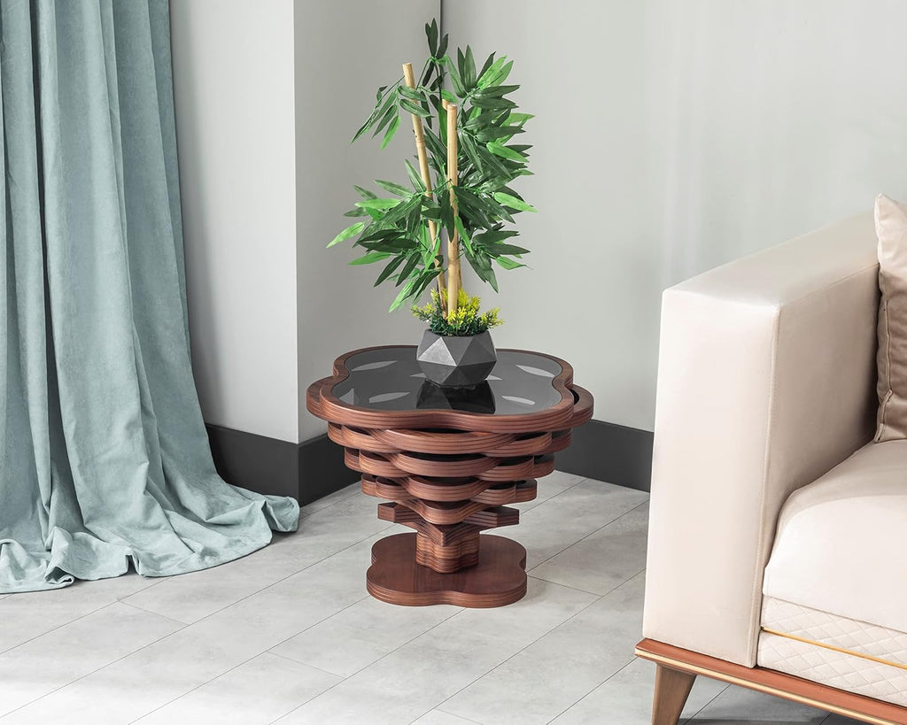 Cloud Side Modern Wood Side Table – Layered Cloud-Like Shape with Smoked Glass Top, Elegant Walnut Finish