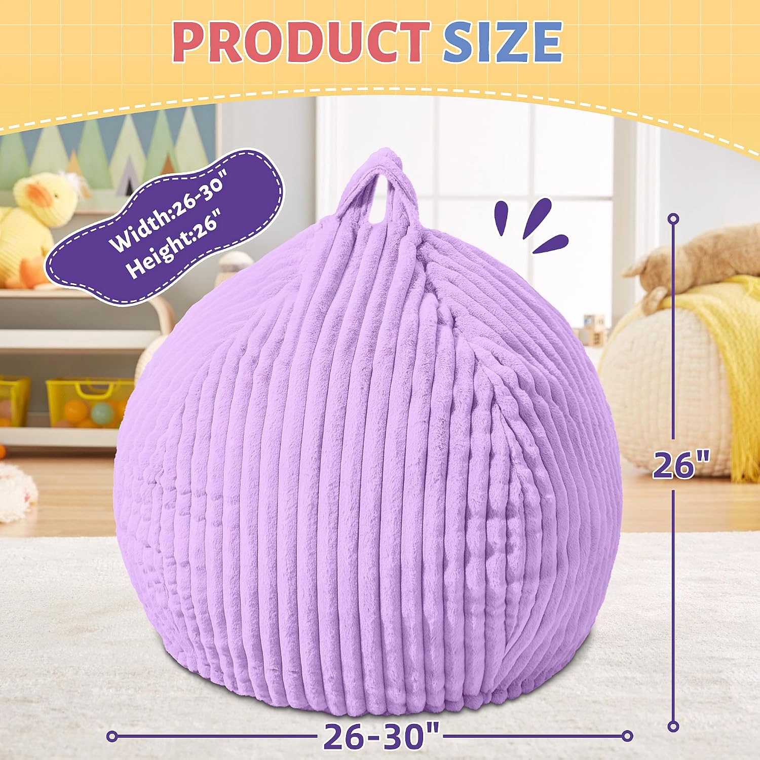 HABUTWAY 2FT Bean Bag Chair, 2' Bean Bag Chairs with Memory Foam Filled, Small Comfy Beanbag Chair with Stripe Plush Cover for Living Room Bedroom Dorm，Purple