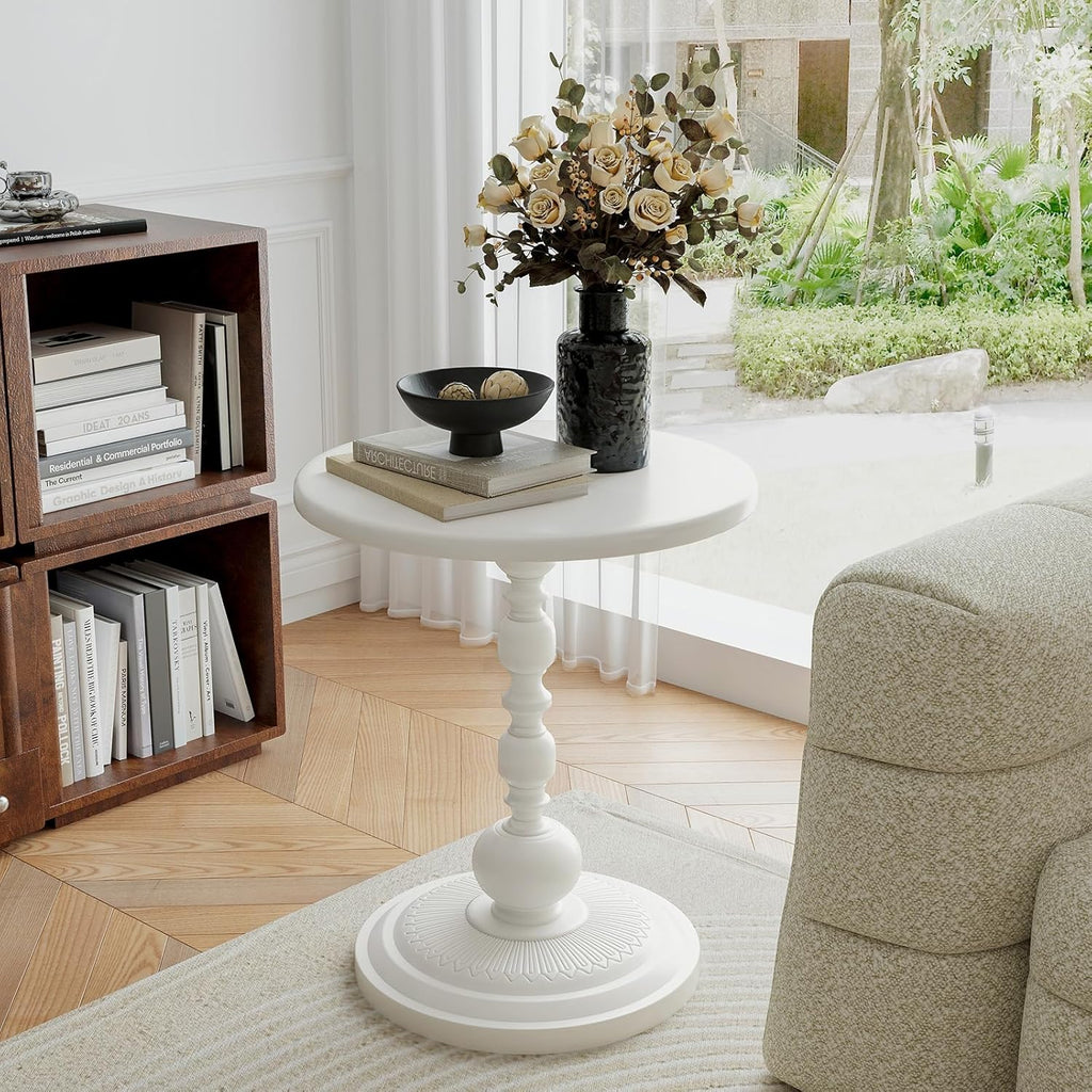 Pinmoco Round Side Table, Metal End Table, Intricate Vintage Patterns, Sturdy and Solid Base, Anti-Rust and Waterproof Small Coffee Table for Living Room, Bedroom, Balcony, White