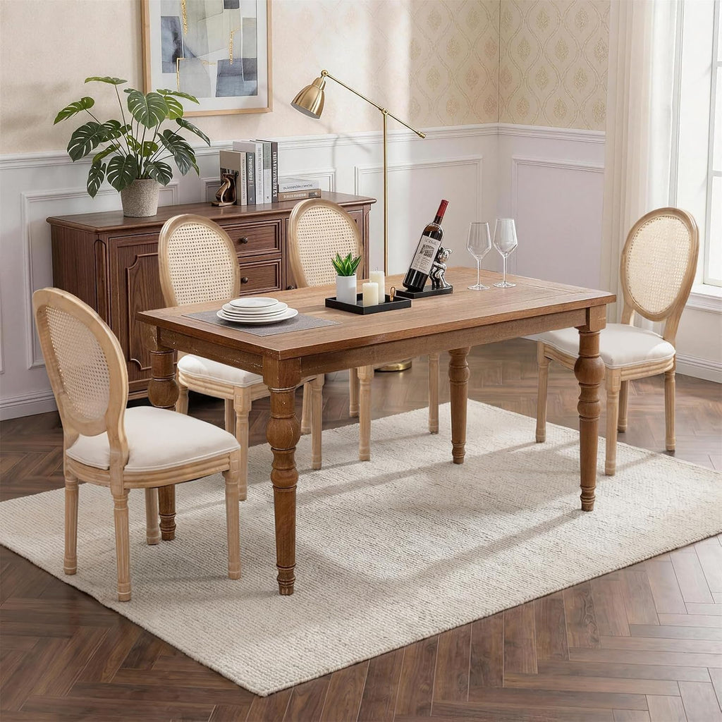 SoarFlash French Dining Chairs Set of 4, Vantage Linen Dining Chair with Round Back, Farmhouse Country Rattan Dining Chair for Living Room,Kitchen,Bedroom,Beige