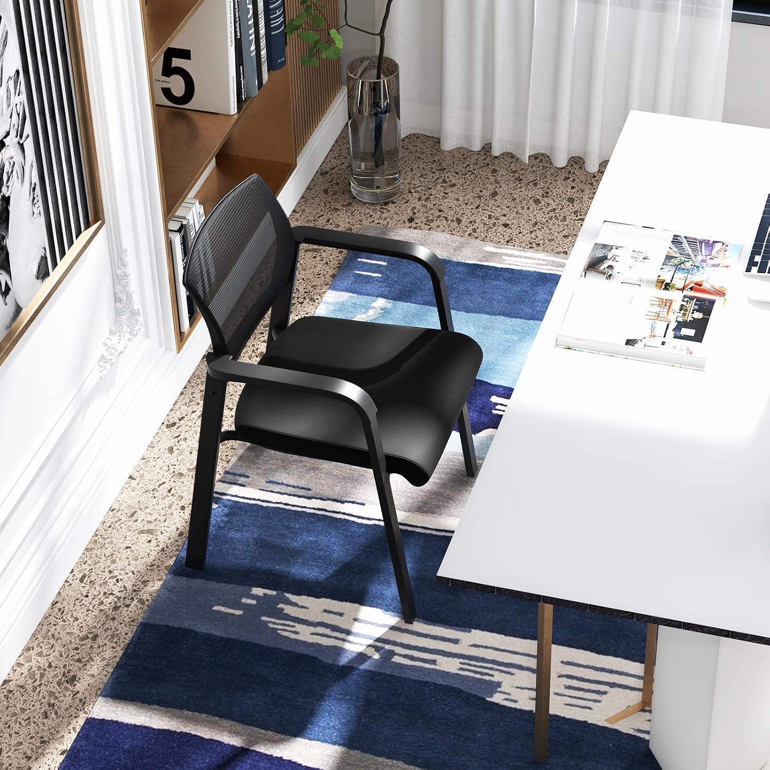Tangkula Set of 4 Conference Room Chairs, Stackable Office Guest Chairs with Upholstered Seat, Mesh Backrest & Armrests, Waiting Room Chairs for Office, School, Lobby, Black