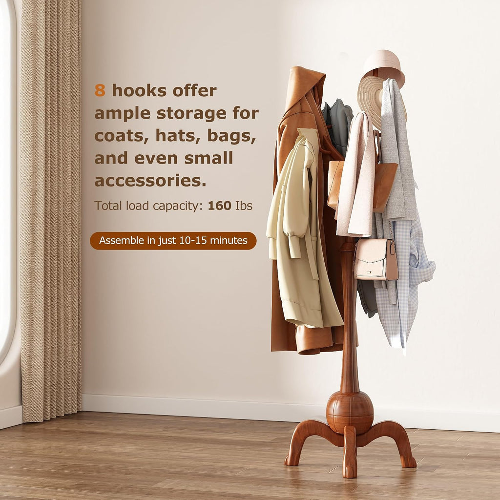 Wood Freestanding Coat Rack with 8 Hooks Coat Tree Standing,Walnut | Wooden Creative Clothes Hanger with Sturdy Sphere Base and Tree Branch Hooks 160lb Load Capacity for Entryway Hallway Bedroom
