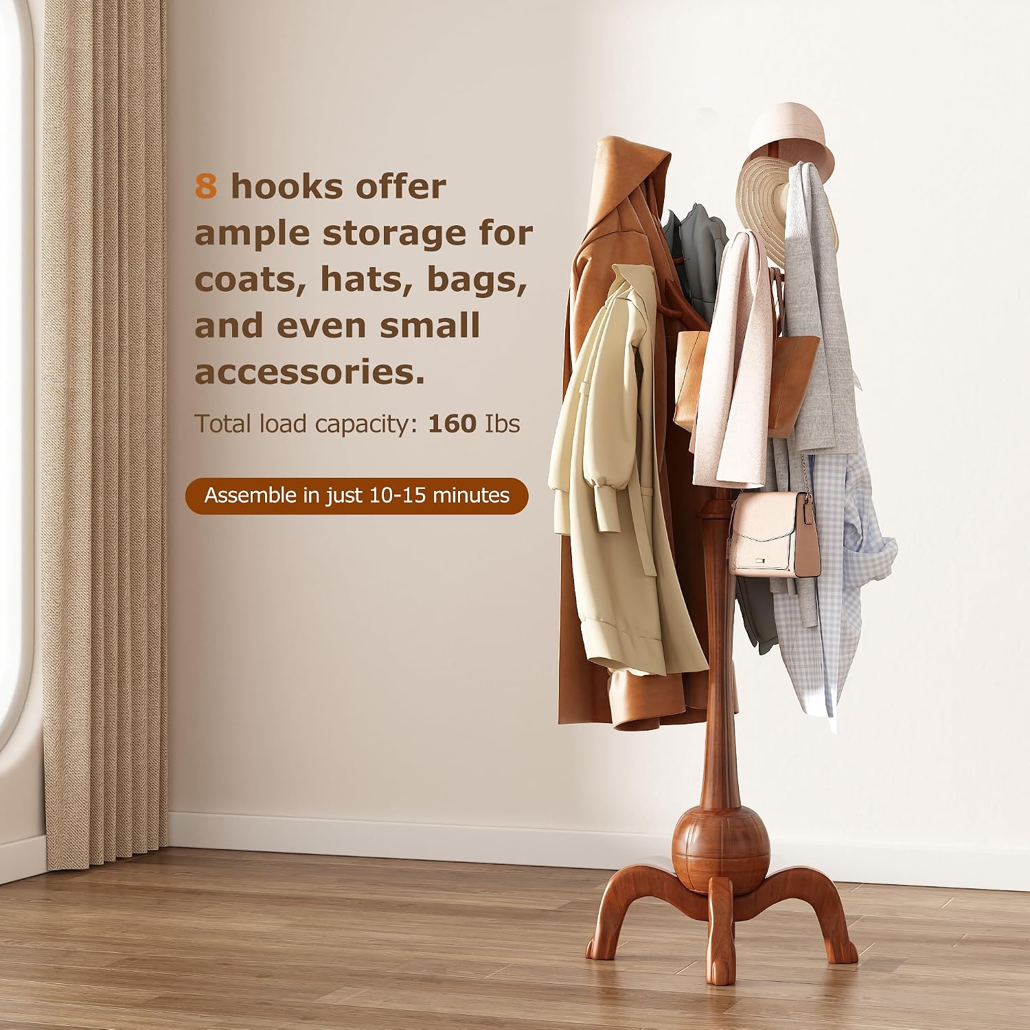 Wood Freestanding Coat Rack with 8 Hooks Coat Tree Standing,Walnut | Wooden Creative Clothes Hanger with Sturdy Sphere Base and Tree Branch Hooks 160lb Load Capacity for Entryway Hallway Bedroom