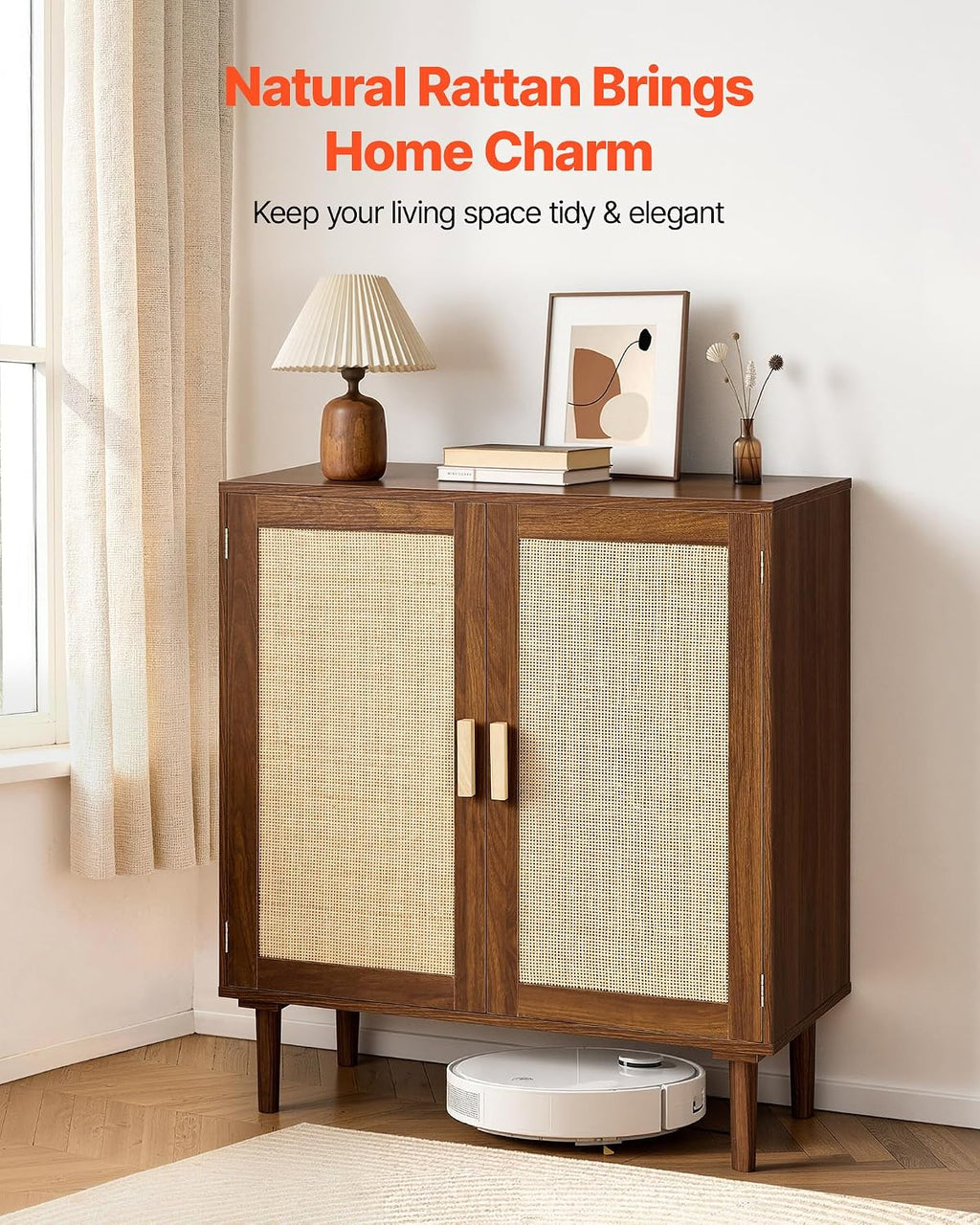 VEVOR Rattan Cabinet, Rattan Storage Cabinet with 2 Magnetic Doors and Adjustable Shelves, Accent Sideboard Buffet with Wooden Legs & Power Cord Hole for Hallway, Entryway, Living Room, Kitchen, Brown