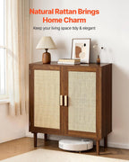 VEVOR Rattan Cabinet, Rattan Storage Cabinet with 2 Magnetic Doors and Adjustable Shelves, Accent Sideboard Buffet with Wooden Legs & Power Cord Hole for Hallway, Entryway, Living Room, Kitchen, Brown