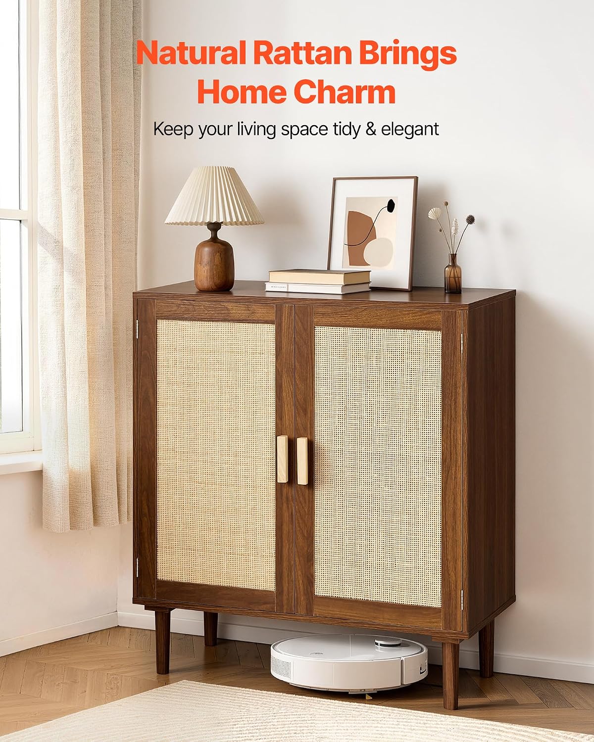 VEVOR Rattan Cabinet, Rattan Storage Cabinet with 2 Magnetic Doors and Adjustable Shelves, Accent Sideboard Buffet with Wooden Legs & Power Cord Hole for Hallway, Entryway, Living Room, Kitchen, Brown