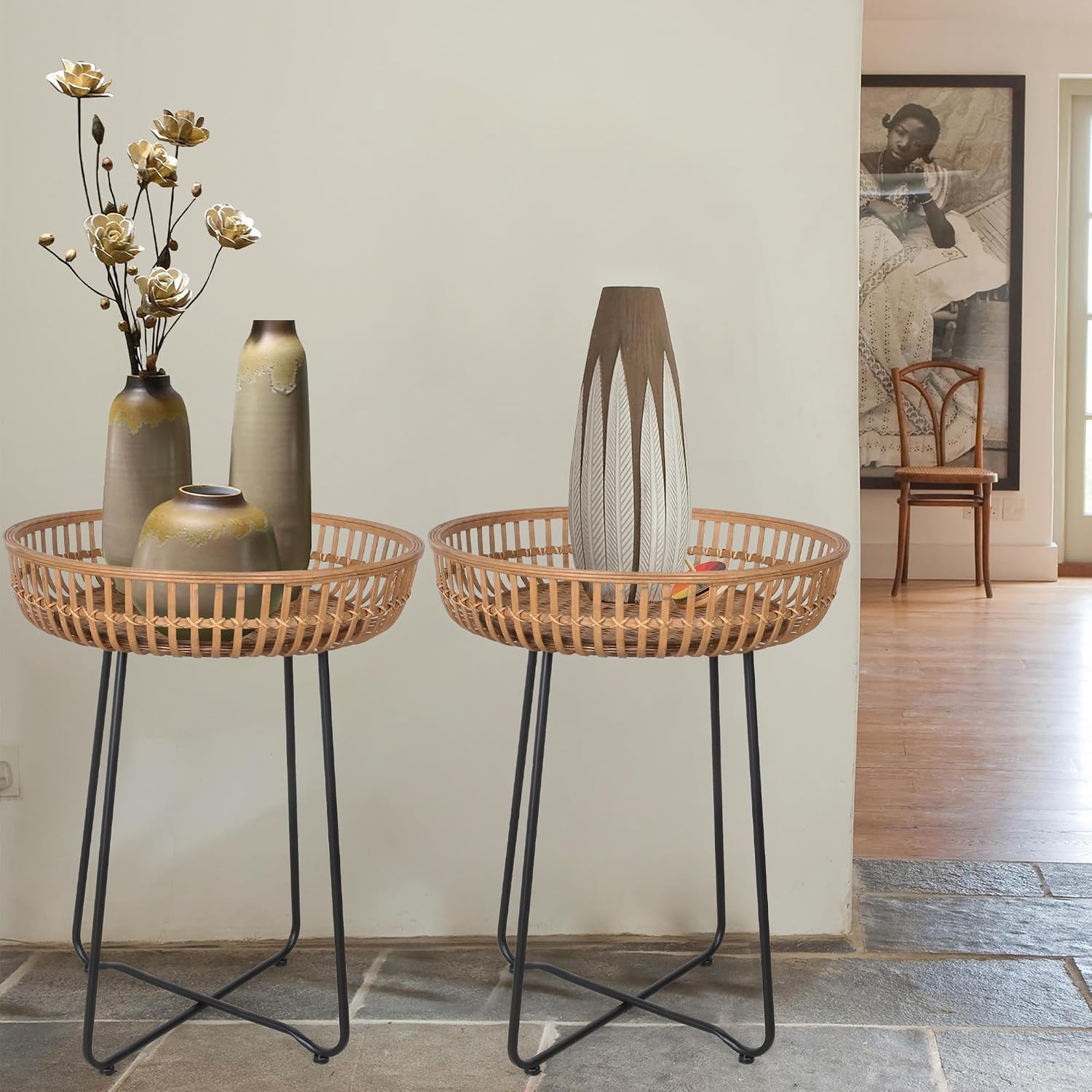 Oakrain Rattan End Table, Nesting Tables, Set of 2, Bamboo, Round, Metal Base, for Boho Living Room, Sofa, Bedroom, Terrace (18.11inch, Set of 2)