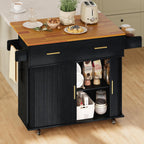 DHH Rolling Kitchen Island with Drop Leaf Countertop&Ample Storage - 39.4" Small Mobile Kitchen Cart On Wheels with Sliding Door,Drawers,Spice Rack & 2-Tier Storage(Black)