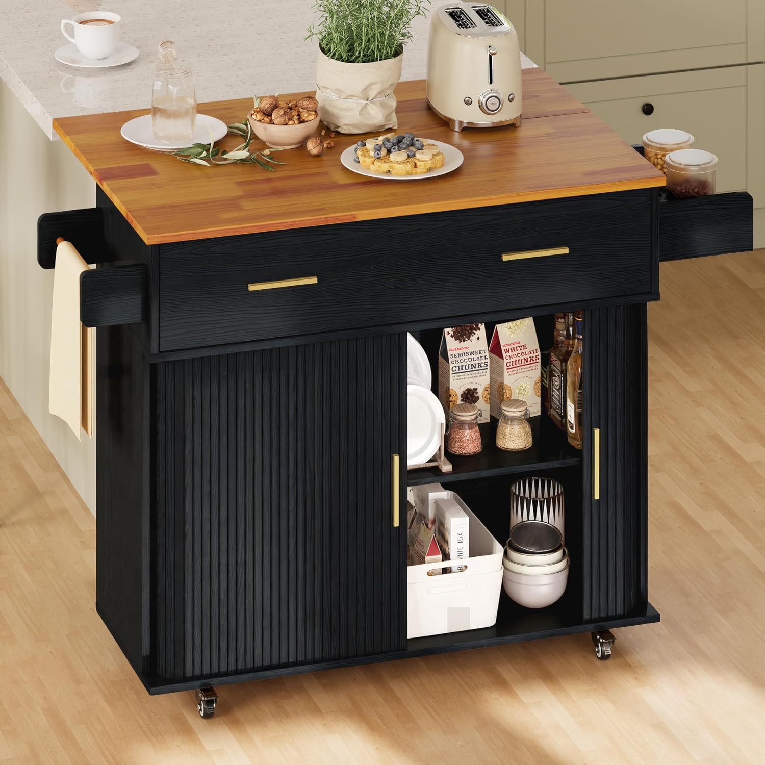 DHH Rolling Kitchen Island with Drop Leaf Countertop&Ample Storage - 39.4" Small Mobile Kitchen Cart On Wheels with Sliding Door,Drawers,Spice Rack & 2-Tier Storage(Black)