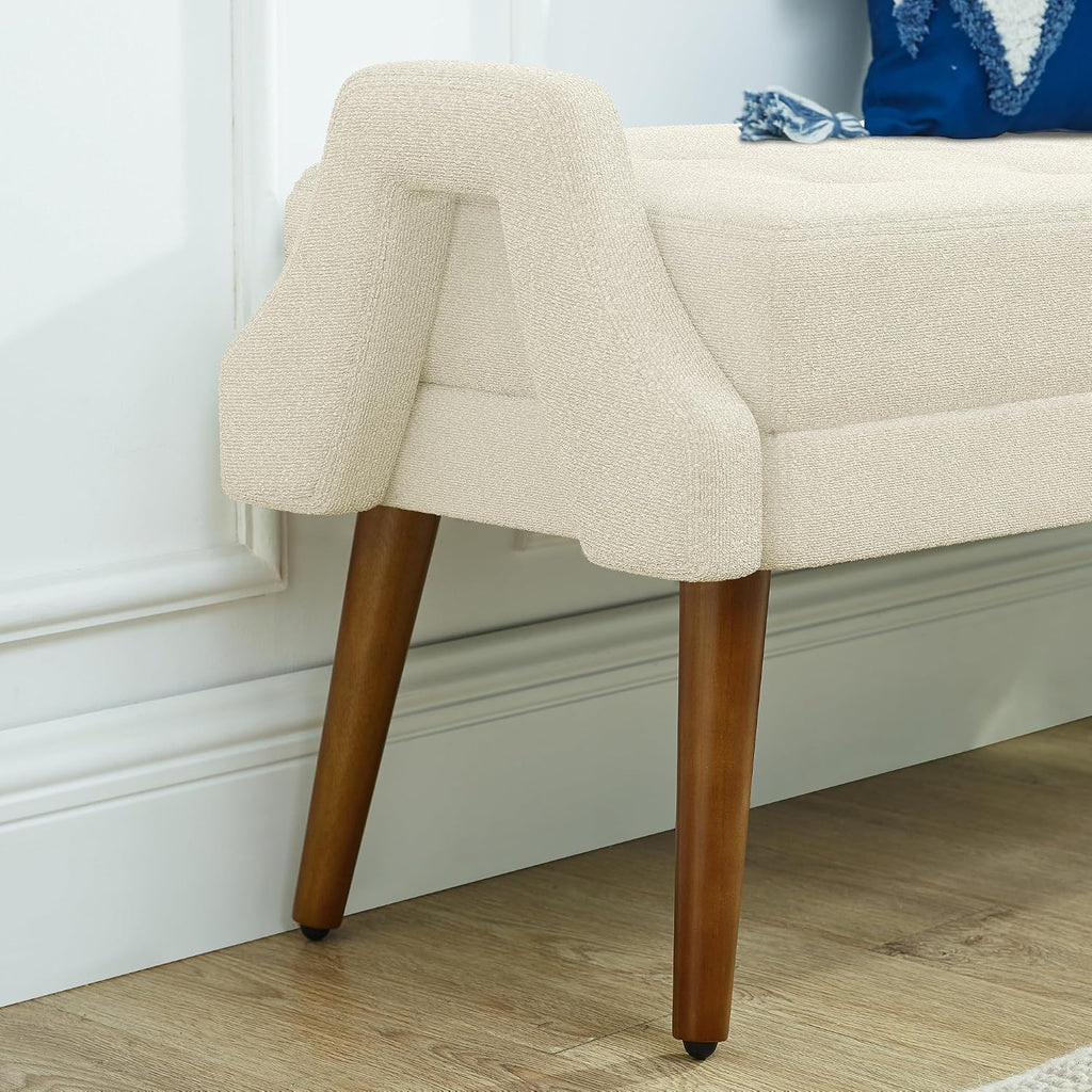 Modern Living Room Bench, Made of Looped Yarn Fabric, with Soft Cushion, Irregular Geometric armrests, and Rubber Wooden Legs, Suitable for Living Rooms, bedrooms, and entrances-Beige RR