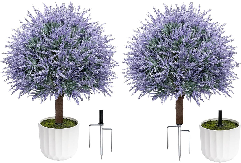 25.6" Artificial Lavender Topiary Ball with Pots, Rust-Proof Coated Metal Ground Spikes, UV-Resistant & Fade-Proof Faux Shrub for Porch, Indoor, Outdoor & Pathway Decor (2 Pcs)