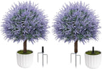 25.6" Artificial Lavender Topiary Ball with Pots, Rust-Proof Coated Metal Ground Spikes, UV-Resistant & Fade-Proof Faux Shrub for Porch, Indoor, Outdoor & Pathway Decor (2 Pcs)