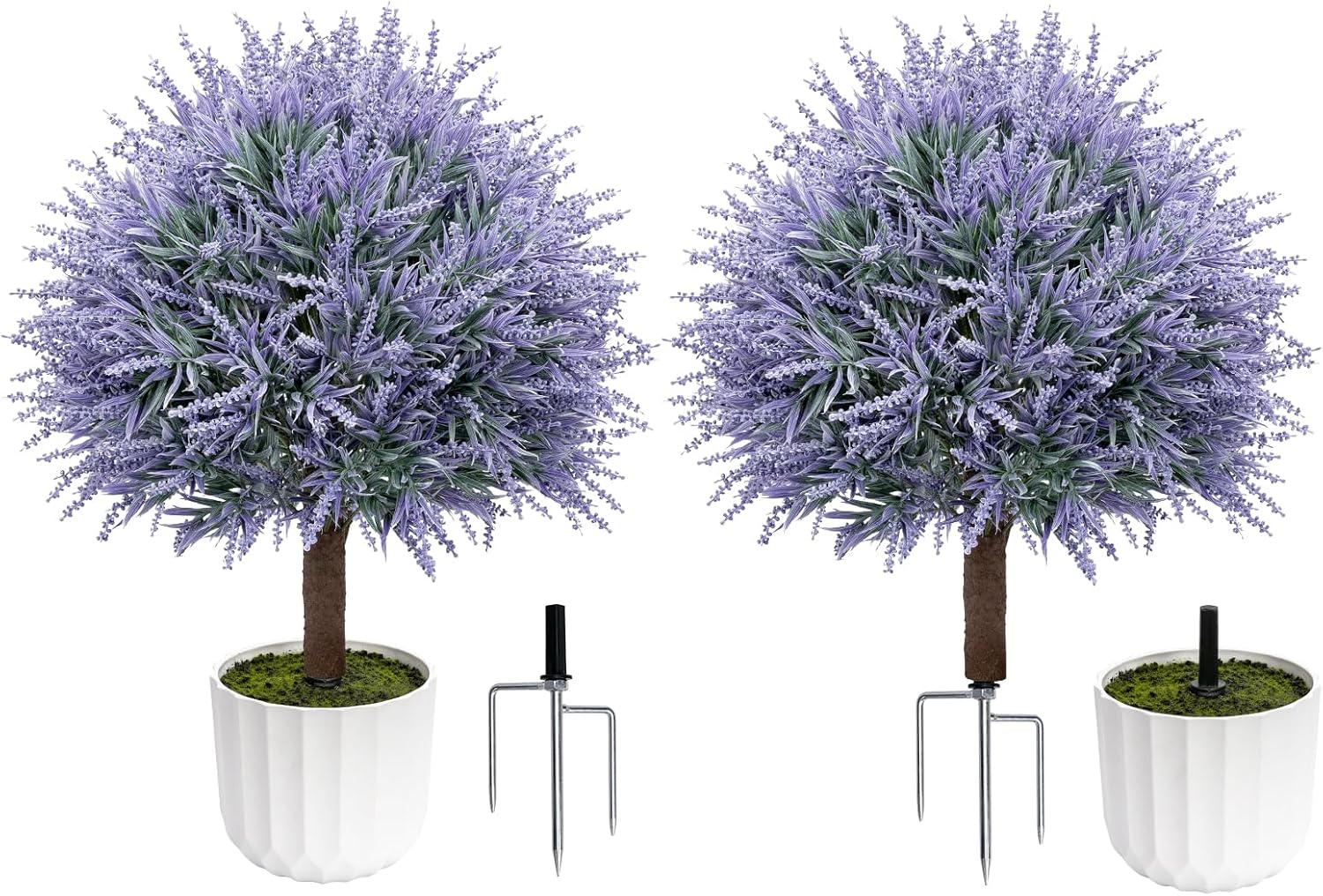 25.6" Artificial Lavender Topiary Ball with Pots, Rust-Proof Coated Metal Ground Spikes, UV-Resistant & Fade-Proof Faux Shrub for Porch, Indoor, Outdoor & Pathway Decor (2 Pcs)