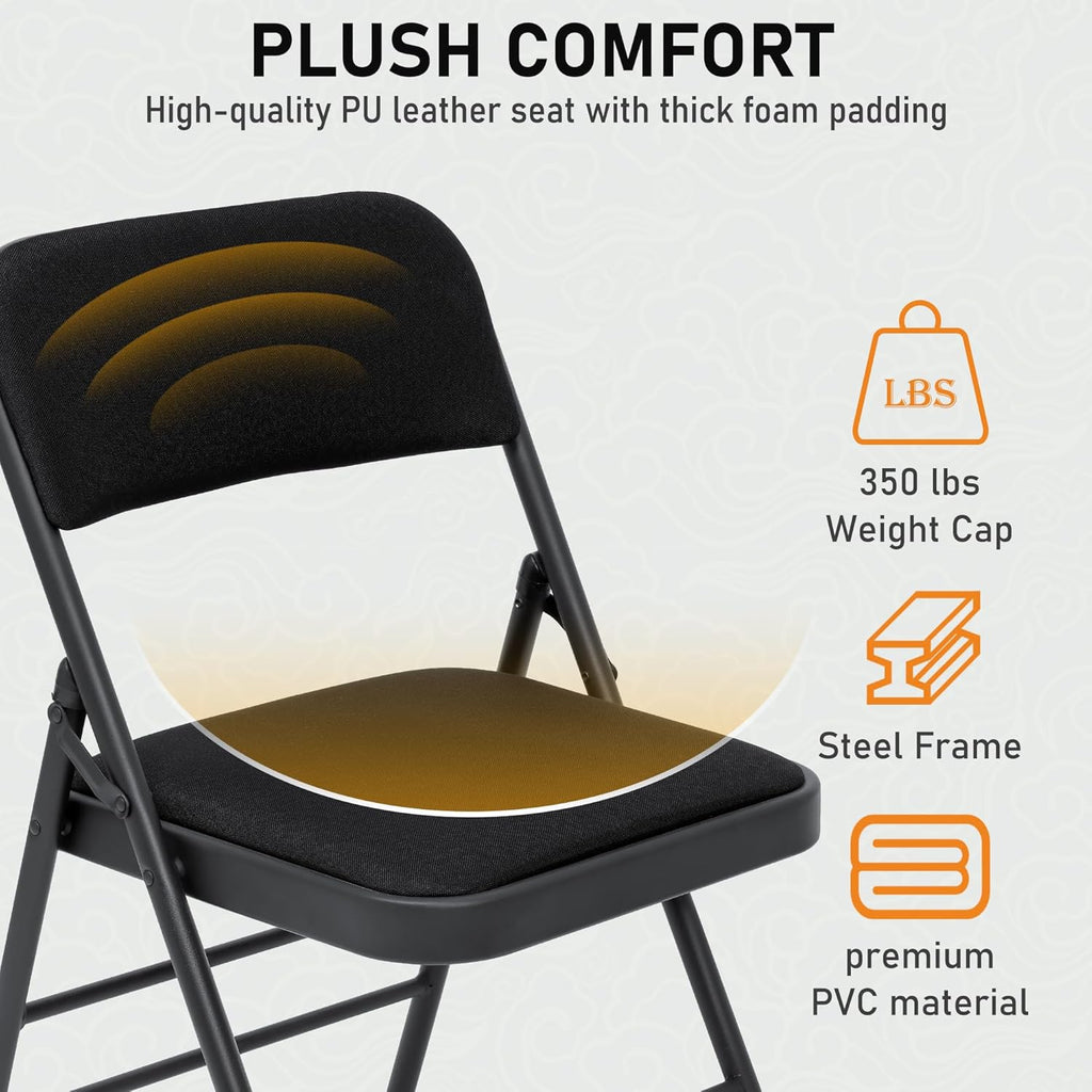 SEALAMB 4 Pack Folding Chairs with Comfort Seat, Heavy Duty Metal Frame Portable Stackable Chairs for Wedding Party Office School Church Events, Indoor Outdoor Use, 350 lb Capacity, Black