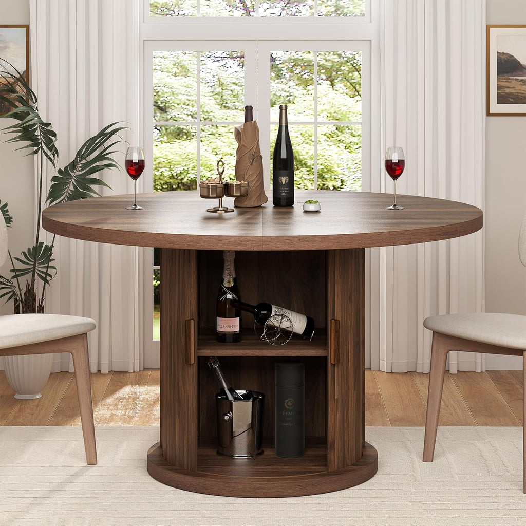 knoworld 47" Round Dining Table for 4-6, Modern Fluted Pedestal Kitchen Table with Hidden Storage, Walnut Wood Circle Dinner Table for Dining Room & Small Spaces, Walnut