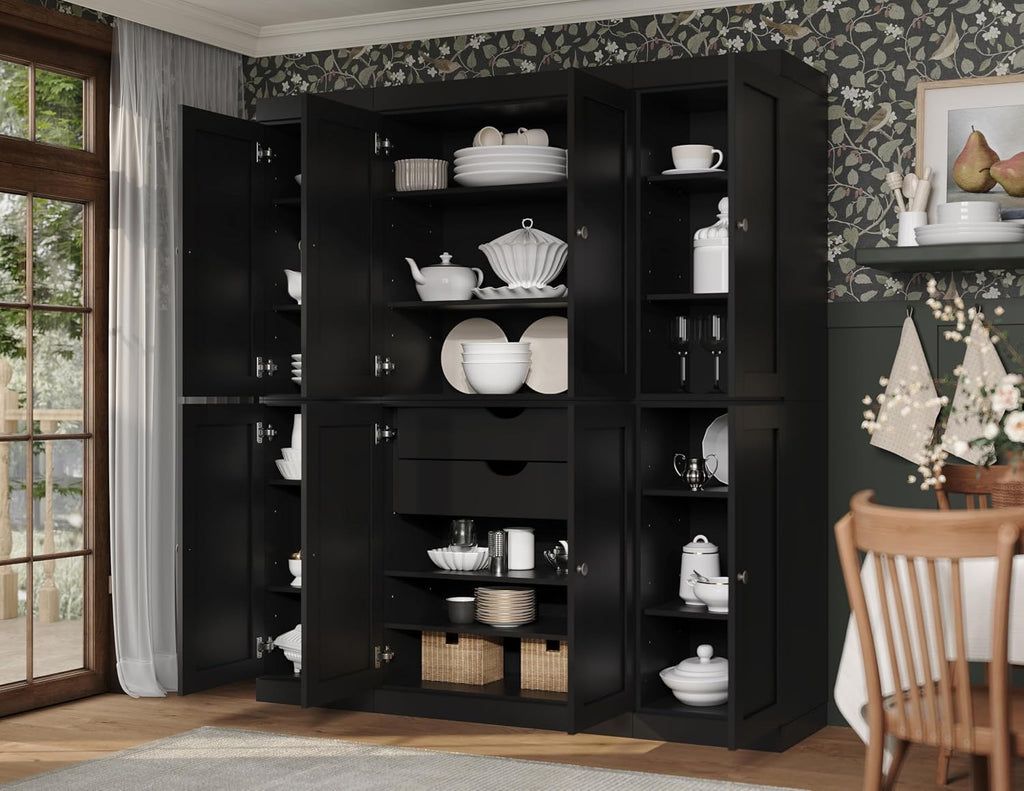 Palace Imports Solid Wood Pantry Storage - 71.5" Tall x 65" W - Utility Cabinet w/ 8 Shaker Doors, 2 Drawers, 12 Adjustable Shelves - Kitchen Cupboard - Black, 100% Eco-Friendly Wood, Made in Brazil