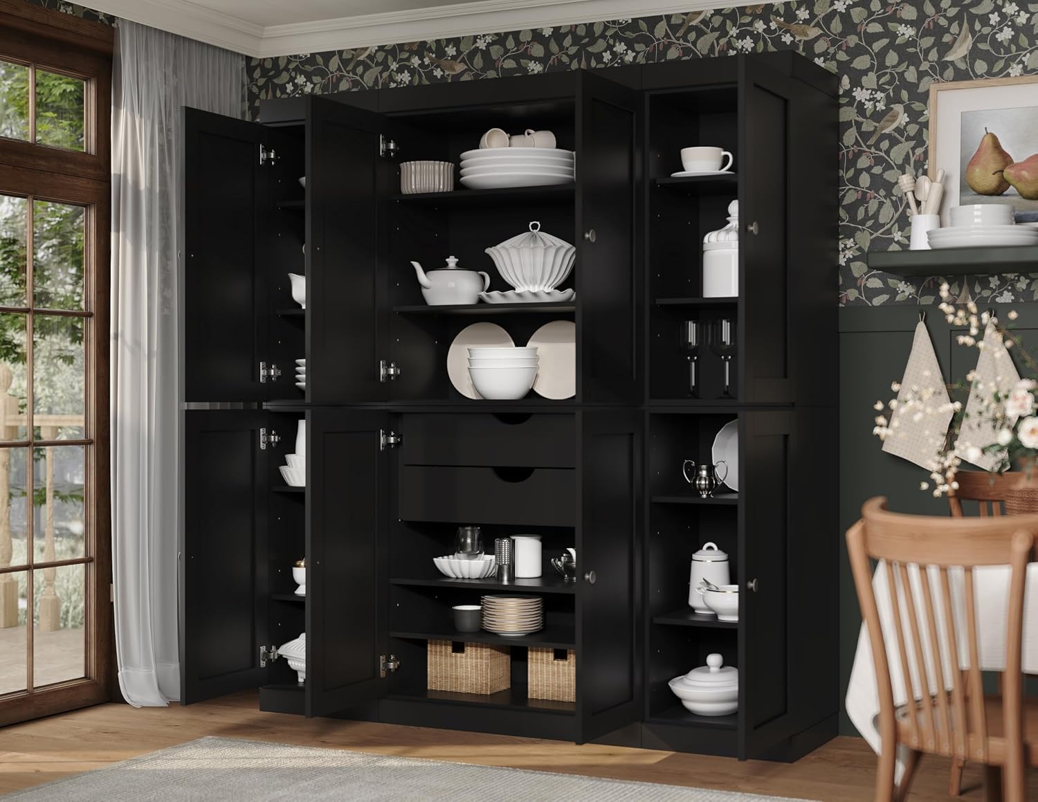 Palace Imports Solid Wood Pantry Storage - 71.5" Tall x 65" W - Utility Cabinet w/ 8 Shaker Doors, 2 Drawers, 12 Adjustable Shelves - Kitchen Cupboard - Black, 100% Eco-Friendly Wood, Made in Brazil