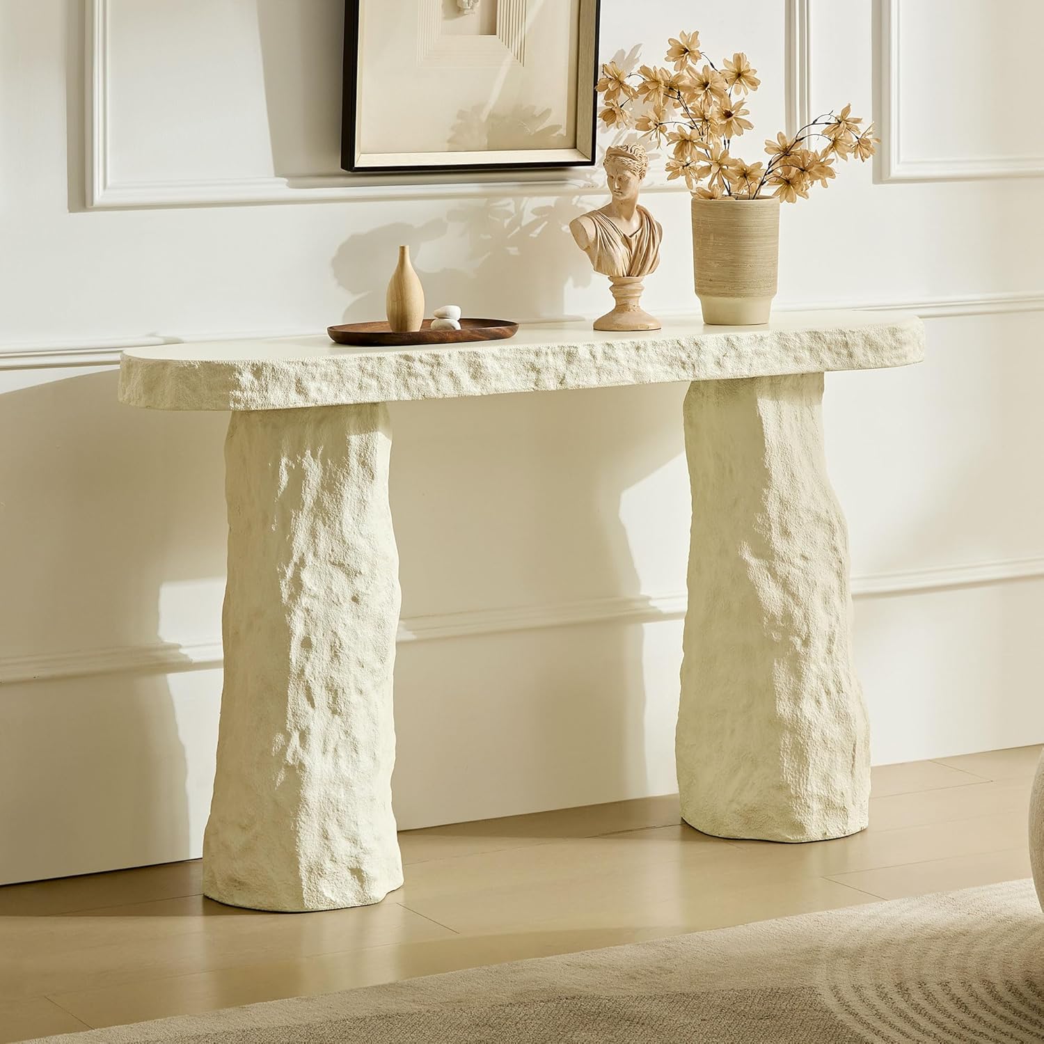 53.94" Modern Console Table,Imitation Stone Table,Fiberglass Entryway Table Long Sofa Table with Round Edge Design for Living Room,Hallway (Beige)