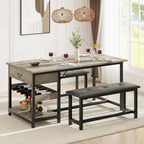 GarveeHome Dining Table Set for 4, Kitchen Dining Table Set with Upholstered Benches, Kitchen Dining Room Table with Storage Drawers & Wine Rack for Small Space, Light Grey