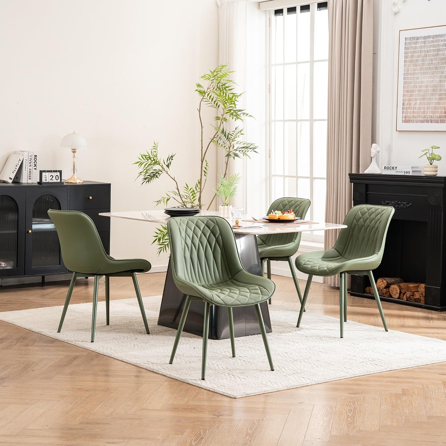 YOUNIKE Olive Green Faux Leather Dining Chairs Set of 2 Mid-Century Modern High Padded Back Comfy Upholstered Kitchen Chairs with Metal Legs Wide Seat Accent Side Chair for Dining/Living/Waiting Room