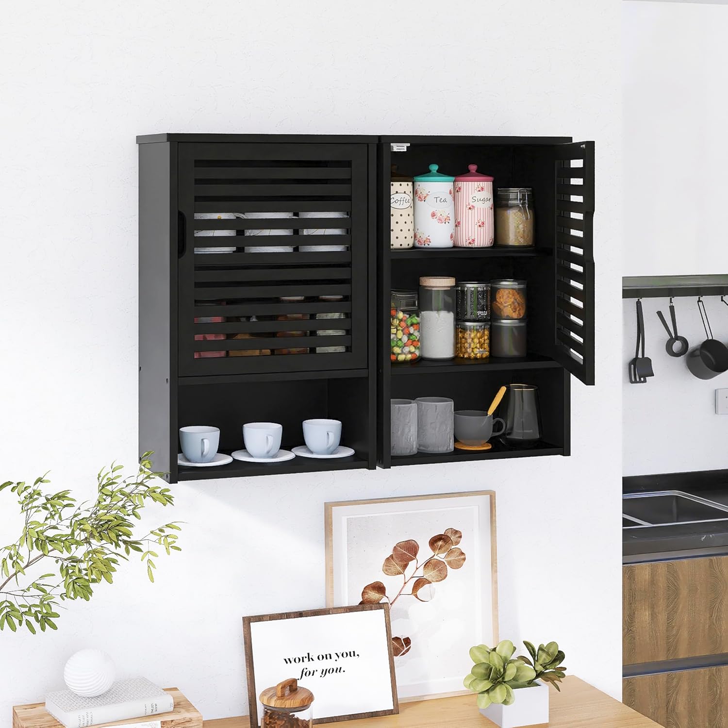 HITNET Bathroom Storage Cabinet Wall Mounted, Hanging Medicine Cabinet with Adjustable Shelf, Over the Toilet Space Saver Organizer, Black Bamboo Kitchen Cupboard, Single Door