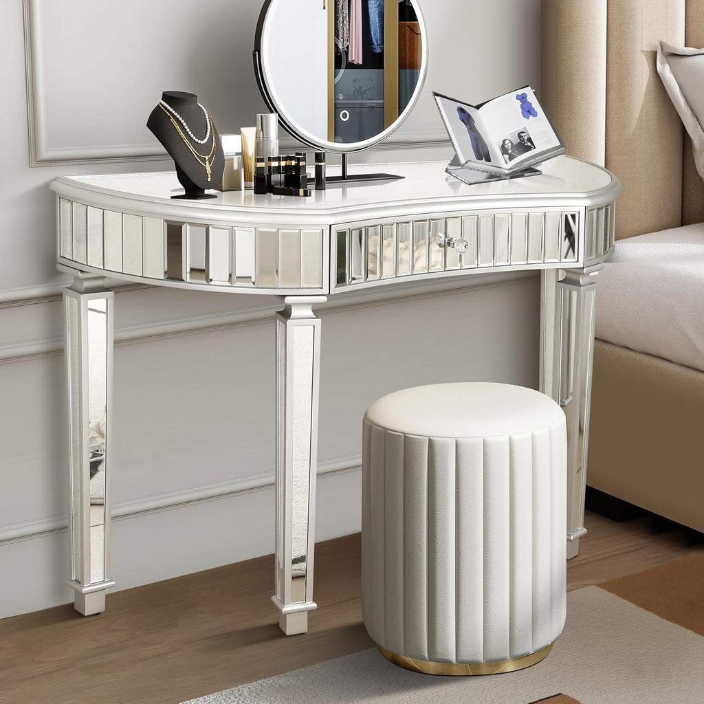 Half-Moon Mirrored Sofa Table with Storage, Semi Circle Entryway Console Table with Fluted Glass & Crystal Knob Drawer,Modern Sofa Table Behind Couch for Living/Dressing Room,Hallway Foyer, Silver