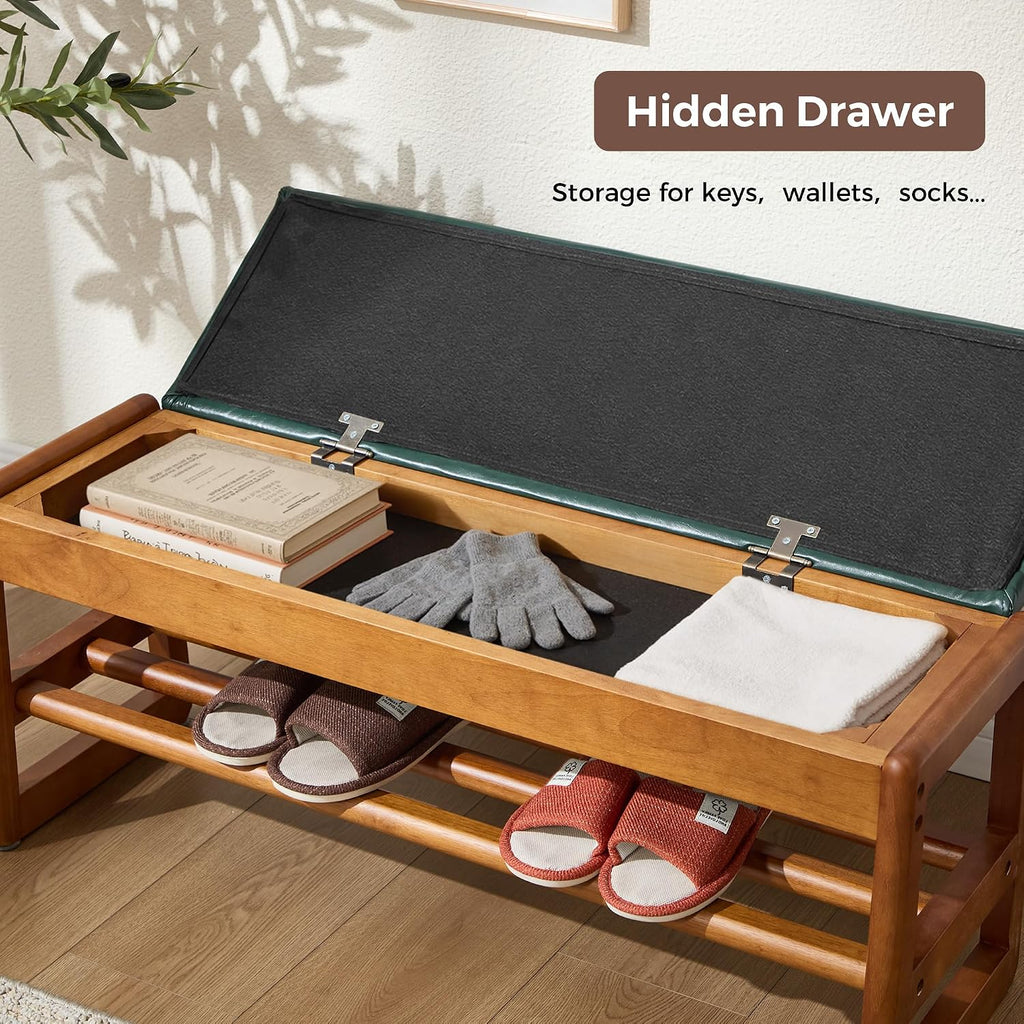 39.3" Shoe Rack Bench,2 Tiers Shoe Bench with Storage,Walnut Storage Bench with Faux Leather Cushion for Entrance Entryway Hallway Walnut PU Green