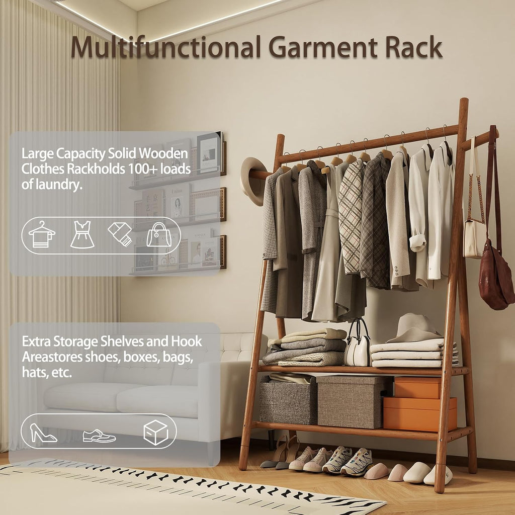 Solid Wood Clothes Rack with 2 Shelves & Hooks, Freestanding Garment Rack & Coat Rack Load 350 Lbs for Hanging Clothes & Organizer, Simple and Practical for Entryway Bedroom 31.5W WALNUT