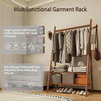 Solid Wood Clothes Rack with 2 Shelves & Hooks, Freestanding Garment Rack & Coat Rack Load 350 Lbs for Hanging Clothes & Organizer, Simple and Practical for Entryway Bedroom 31.5W WALNUT