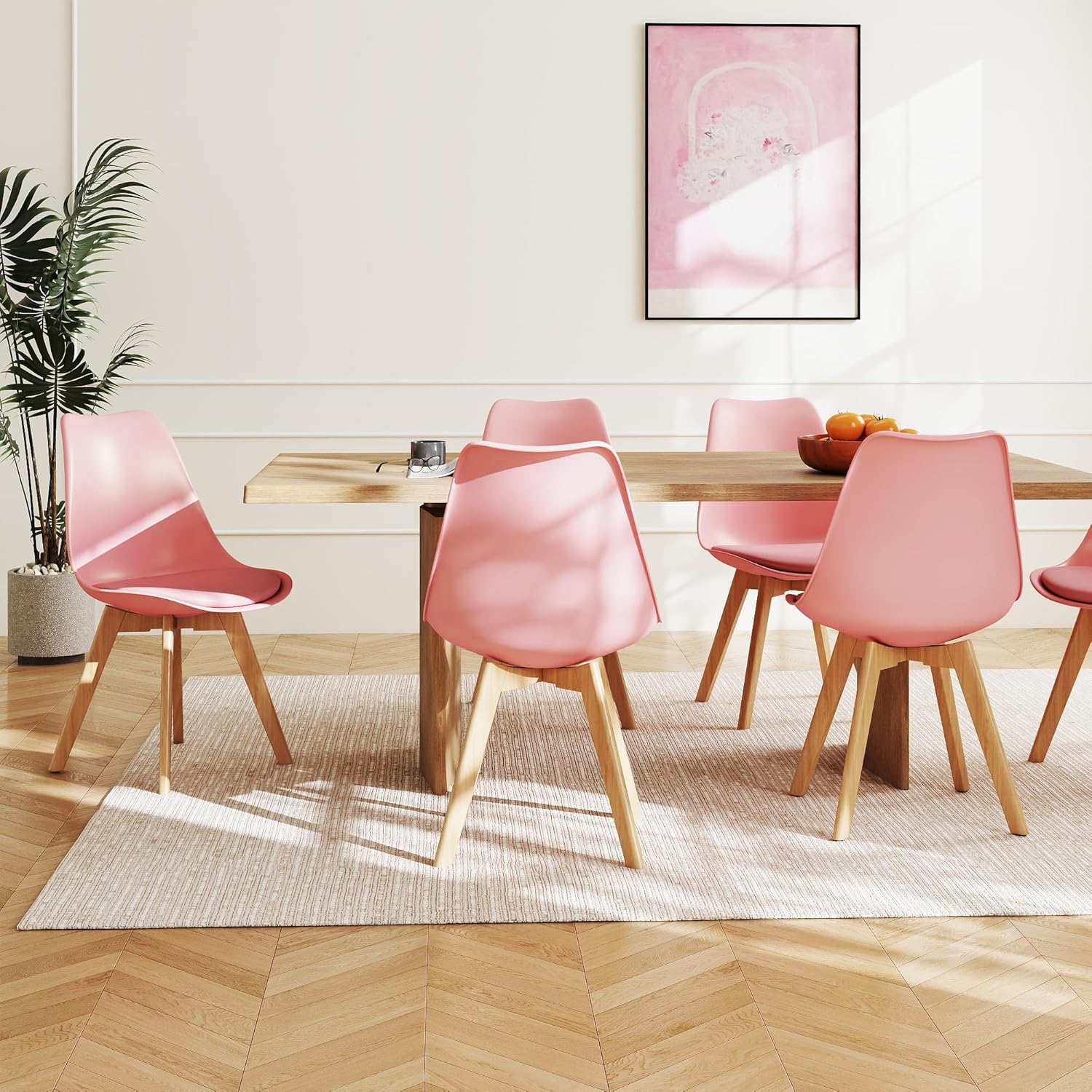LSSBOUGHT Mid Century Modern Dining Chairs,Shell Lounge Plastic Side Chair with Soft Padded and Wooden Legs for Dining Room Living Room Bedroom Kitchen Set of 2 (Pink)