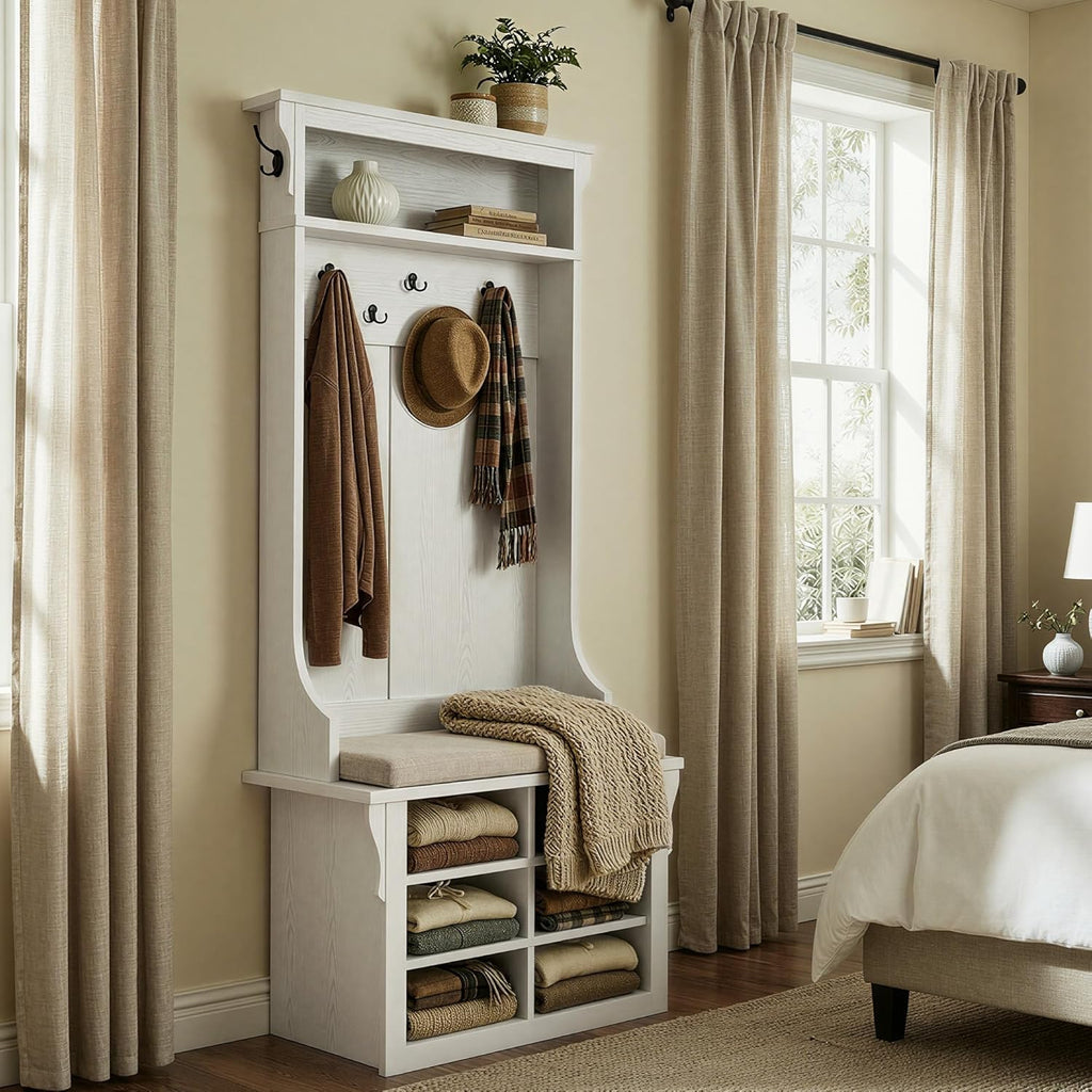 IRONCK Hall Tree with Bench and Shoe Storage, 6-in-1 Entryway Bench with Coat Rack, Adjustable Shelf, Hanging Hooks, 6 Shoe Cubbies, 2-Tier Top Storage, for Entryway, Bedroom, Living Room, White