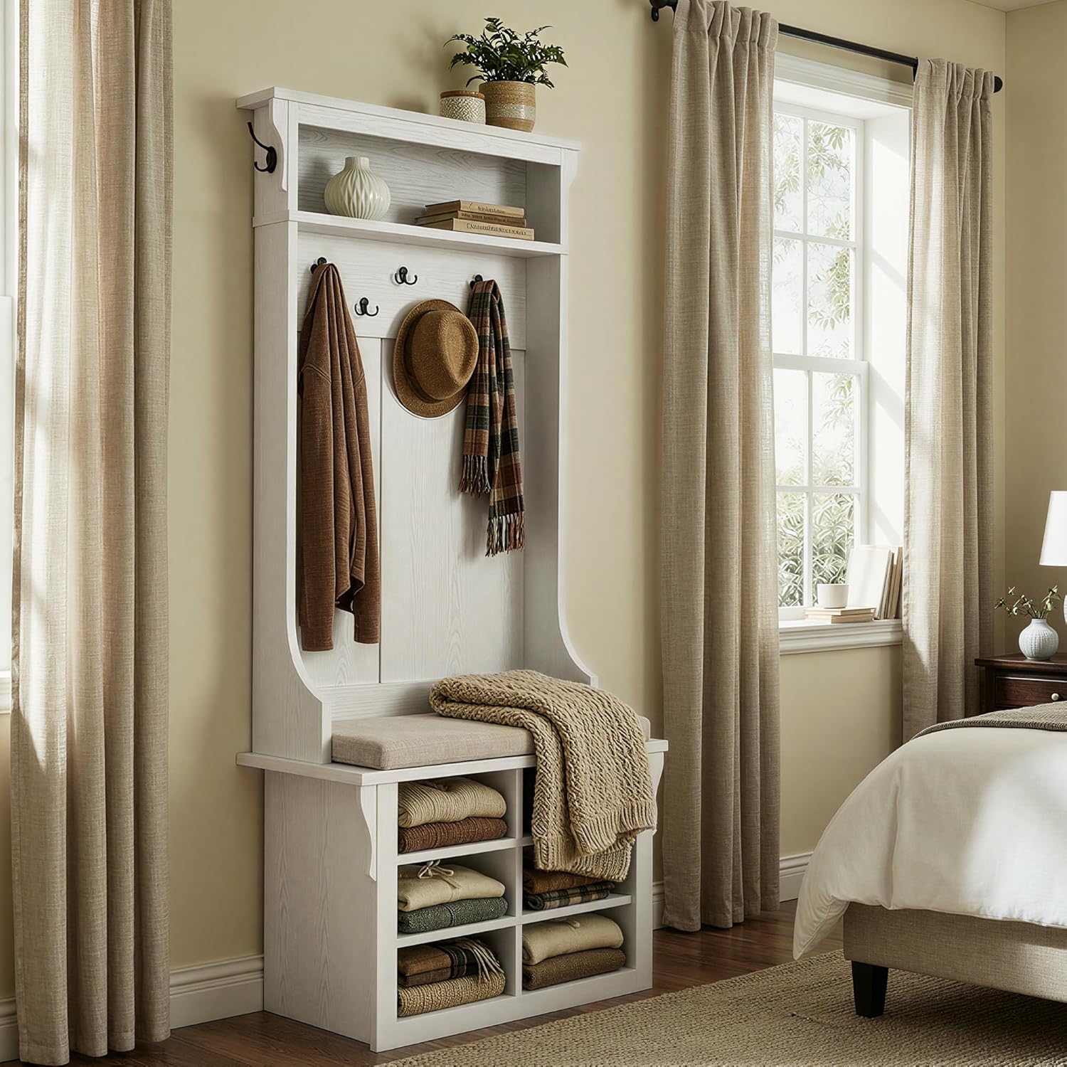 IRONCK Hall Tree with Bench and Shoe Storage, 6-in-1 Entryway Bench with Coat Rack, Adjustable Shelf, Hanging Hooks, 6 Shoe Cubbies, 2-Tier Top Storage, for Entryway, Bedroom, Living Room, White