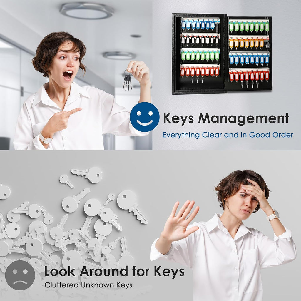 ORIENTOOLS Key Box Steel Key Safe Cabinet, Wall Mount Key Holder Lock Box with Key Tags, Key Organizer Ideal for Home, Hotels, Valets and Office Key Storage (64 Keys, Black)