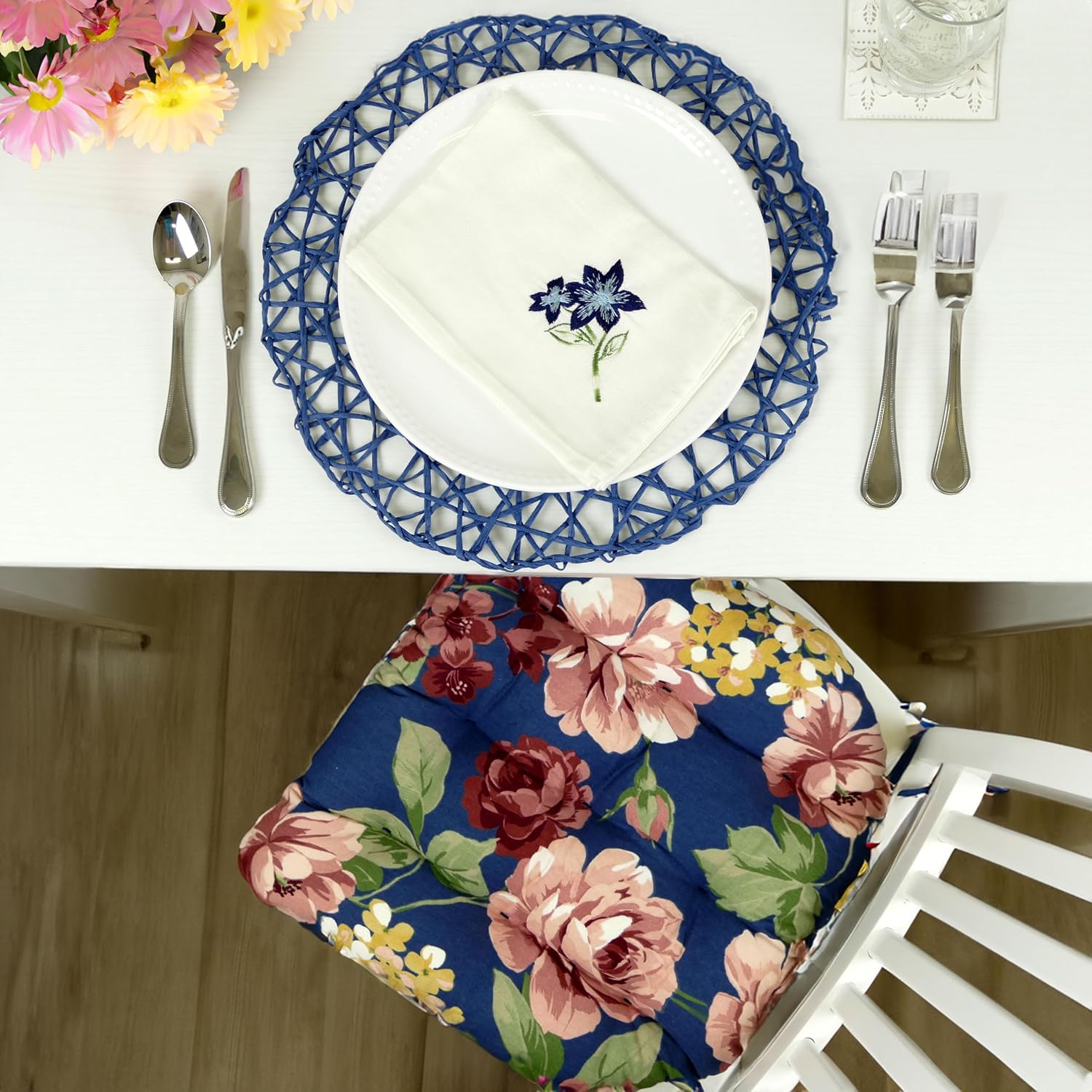 Barnett Home Decor Dining Chair Pads with Ties - Bethanne Blue Floral Size Medium 16.5 x 18 - Latex Foam Filled Windsor Chair Cushions - Machine Washable