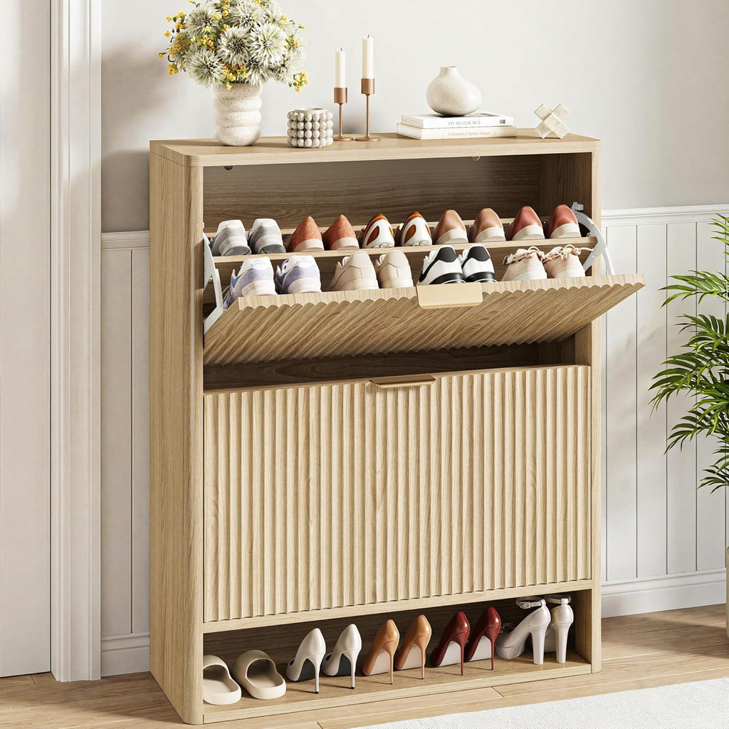 IRONCK Fluted Shoe Storage Cabinet for Entryway with 2 Flip Drawers, Adjustable Shelves & Open Shelf, Narrow Wood Shoe Rack Cabinet, Freestanding Slim Shoe Organizer Cabinet, Oak