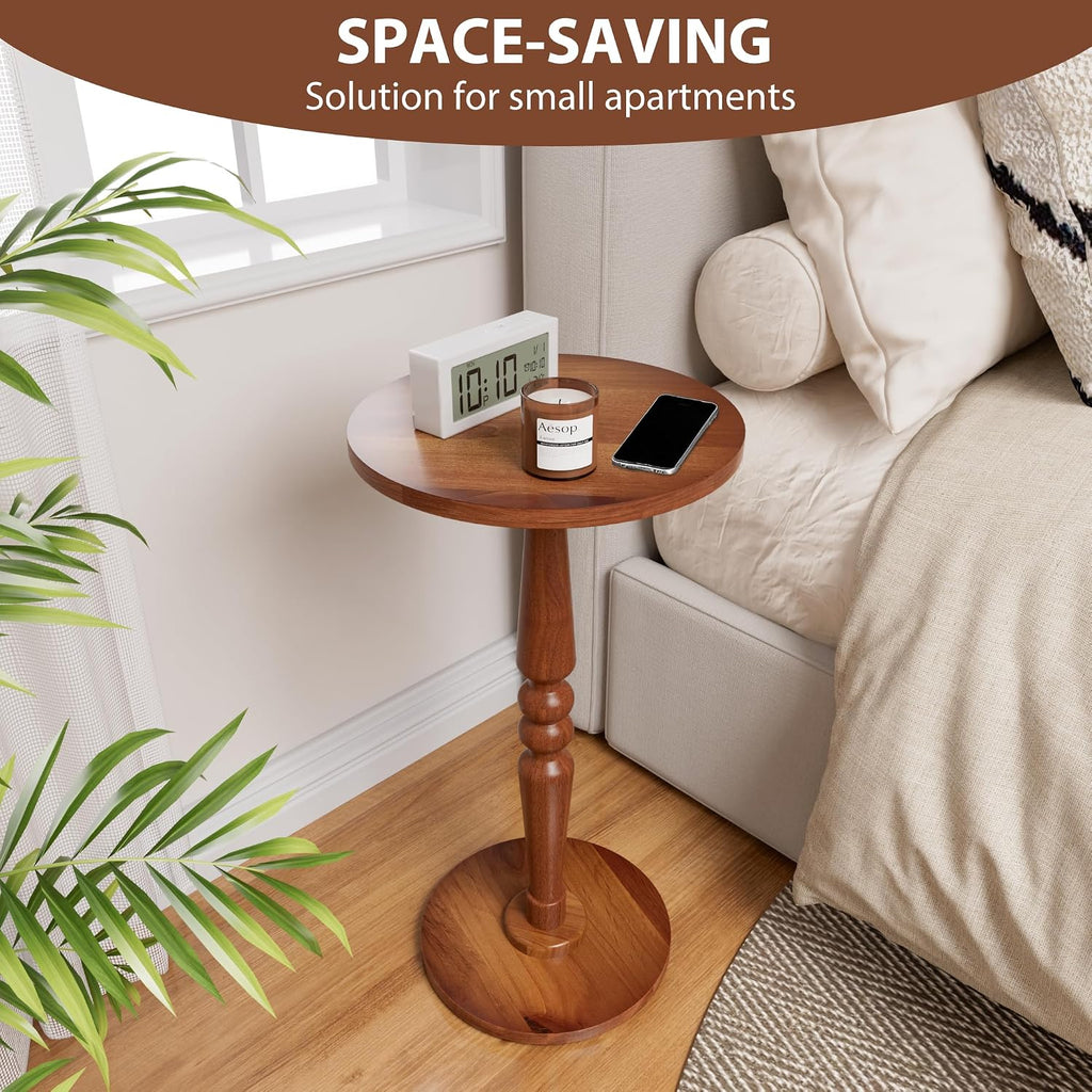 Small Wood Round Side Table - Accent Nightstand Pedestal Table for Living Room, Bedroom - Compact Coffee Table, Tea Table, Drink Table, End Table for Small Spaces, Corners, Office