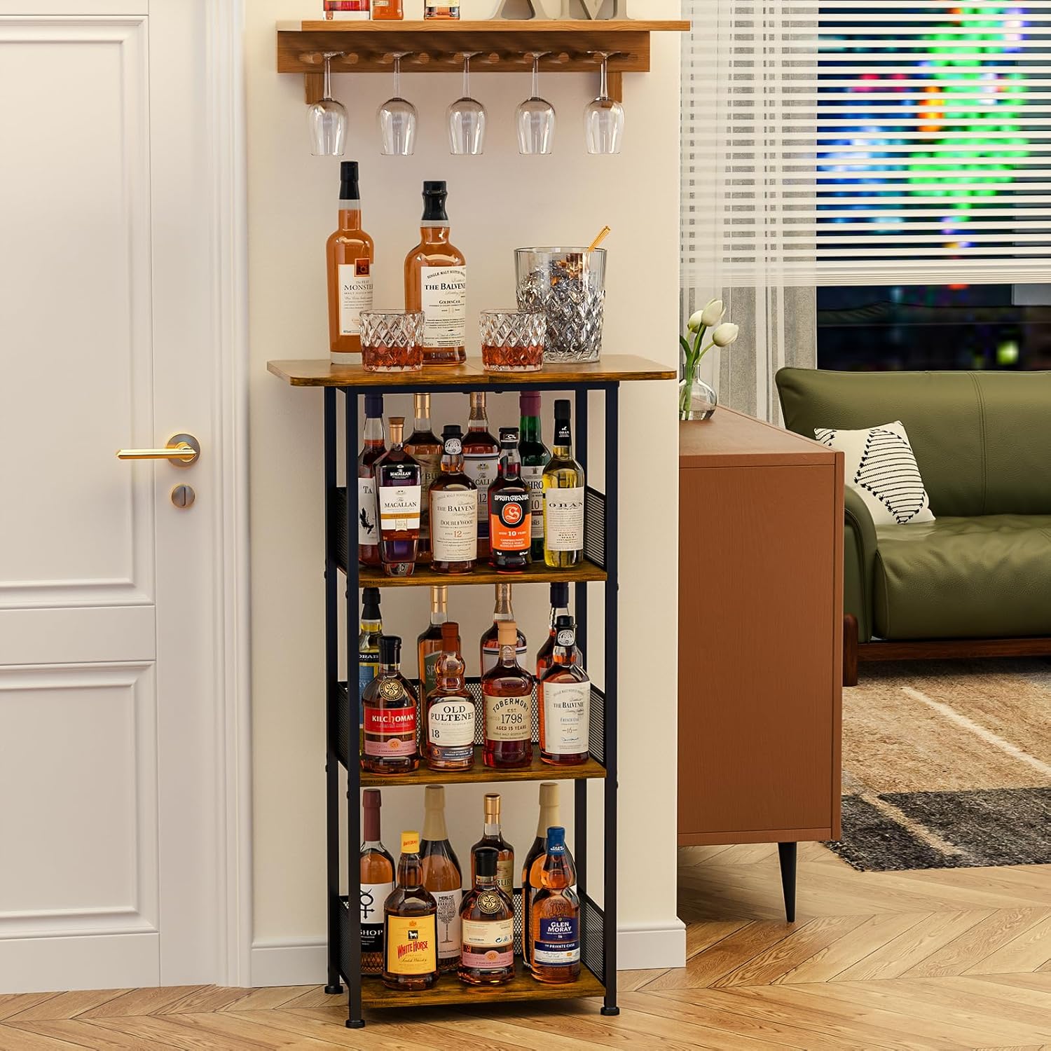 Eyteenokk Wine Rack Freestanding Floor:4 Tier Whiskey Wine Rack Mini Bar Cart,Liquor Cabinet-Home Bar for Bottles,Cocktail Shaker,Mugs-(23.6 * 11.8 * 40inch)