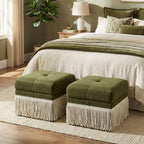 Hyfirm 22 Inch Square Green Ottoman with Fringe for Living Room, Plush Footstool Ottoman for for Bedroom, Modern Boho Upholstered Accent Pouf Ottomans Foot Rest