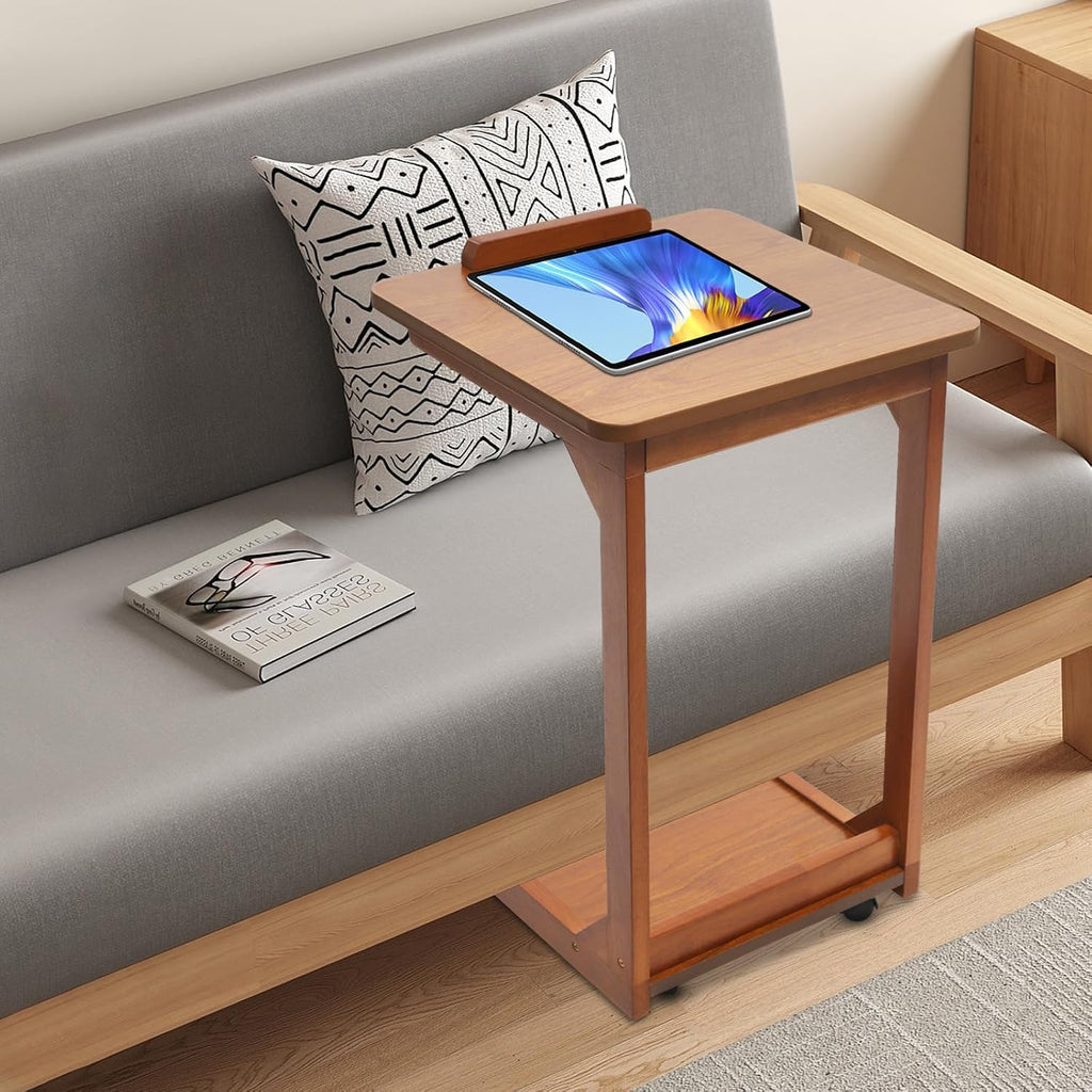 C-Shaped End Table, Couch Table with Adjustable Desktop, Small Rolling Side Table with 4 Universal Wheels for Living Room Bedroom (Walnut-Colored)