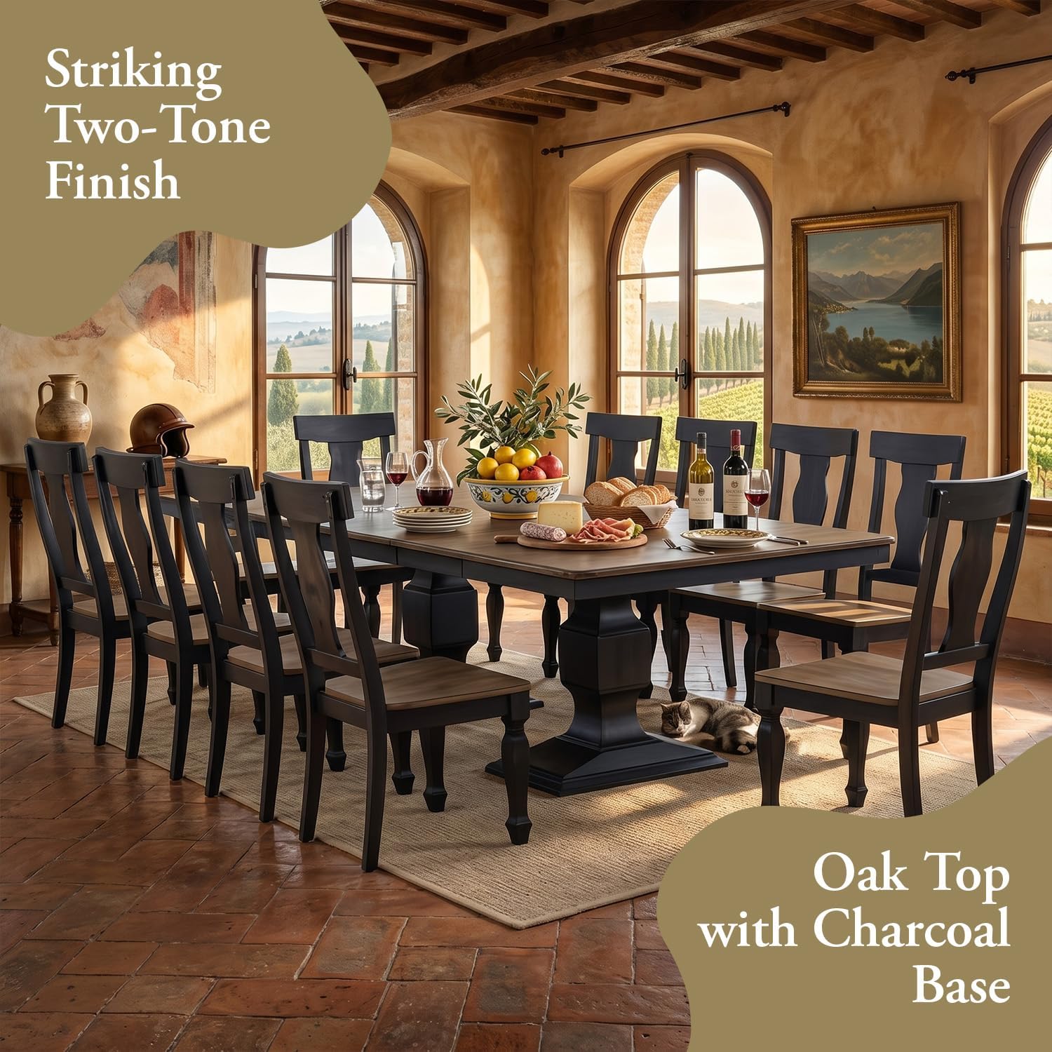 Kings Brand Furniture Alleyton 11-Piece Dining Table Set for 10, Extendable Kitchen & Dining Room Set with 2 Butterfly Leaves & 10 Chairs, Charcoal & Oak Finish