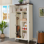 DWVO 4-Tier Storage Cabinet with 2 Shutter Doors, Farmhouse Kitchen Pantry Cabinet with Adjustable Shelves, Wooden Cabinet for Kitchen, Dining Room, Living Room, Office, Rustic White