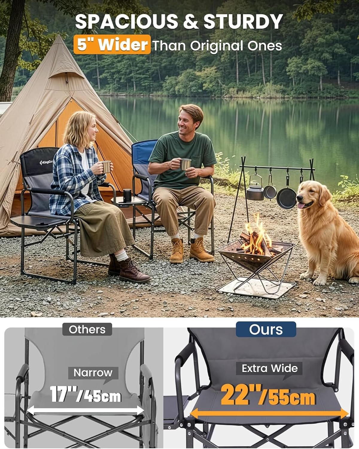 KingCamp Oversized Camping Directors Chair for Big and Tall, Heavy Duty 440lbs Folding Chairs with Side Table, Portable Padded Camp Chairs with Wide Seat & Anti-Sag Fabric for Outdoor Lawn Fishing RV