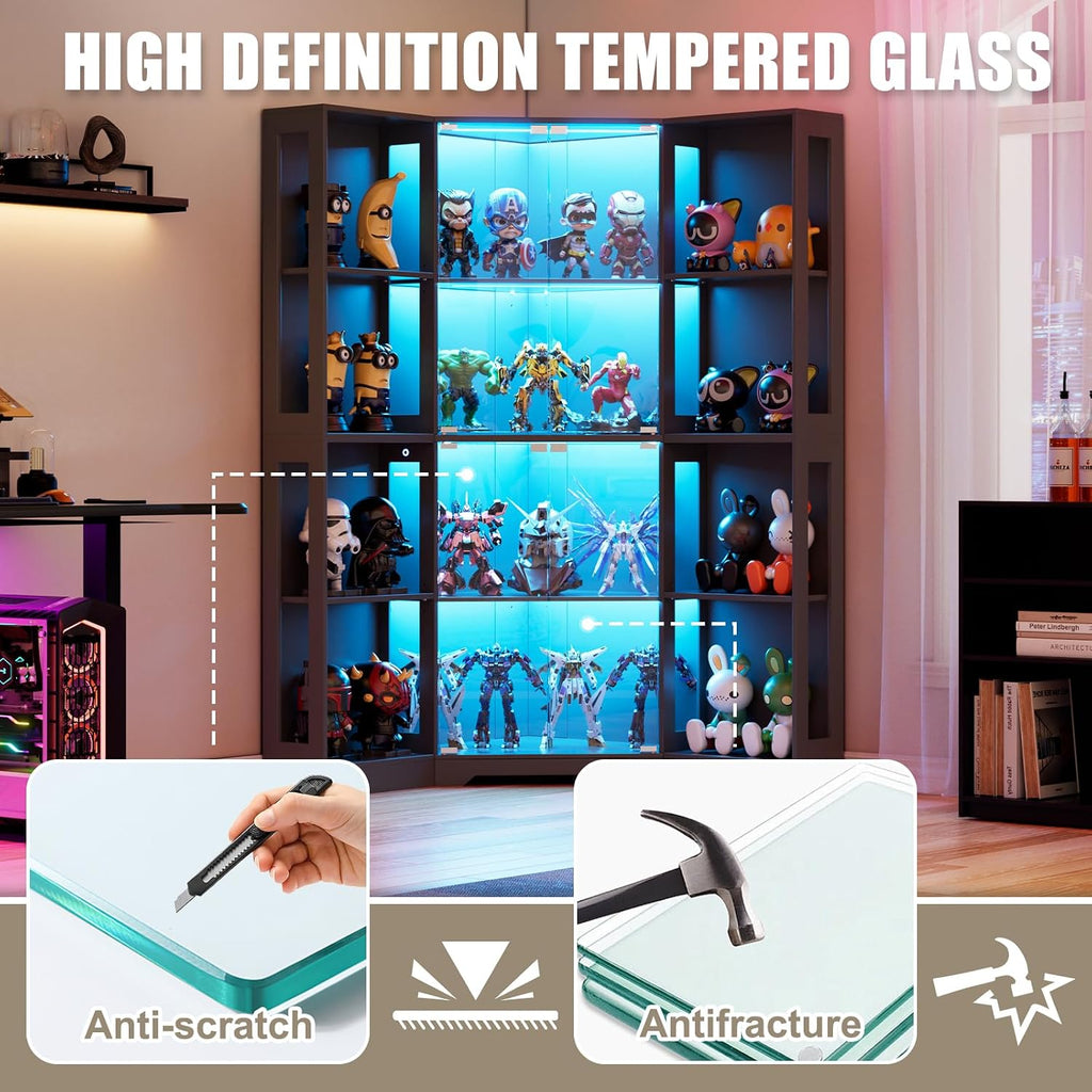 PAKASEPT Corner LED Glass Door Display Curio Cabinet/Display Case | 3 adjustable tiers,3-color LED light,pop-up tempered glass doors,living room collectible storage