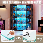 PAKASEPT Corner LED Glass Door Display Curio Cabinet/Display Case | 3 adjustable tiers,3-color LED light,pop-up tempered glass doors,living room collectible storage
