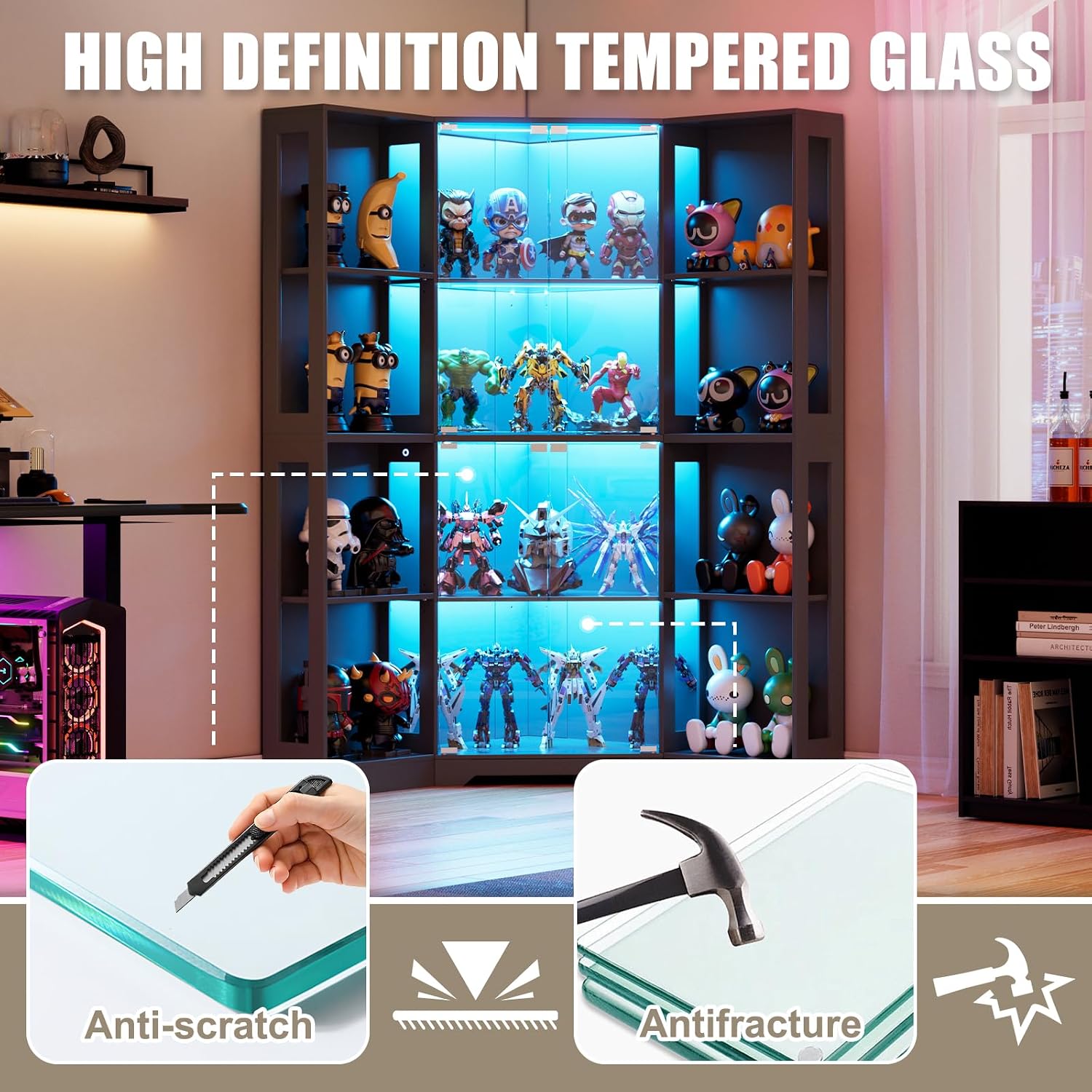 PAKASEPT Corner LED Glass Door Display Curio Cabinet/Display Case | 3 adjustable tiers,3-color LED light,pop-up tempered glass doors,living room collectible storage