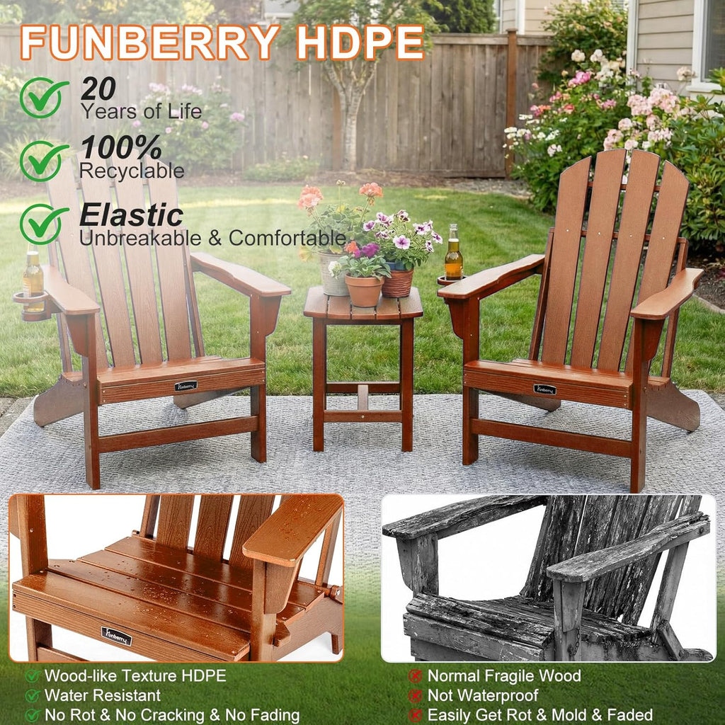 FUNBERRY Folding Adirondack Chairs Set of 2, HDPE Stable Gun-Leg Design Fire Pit Chairs with Cupholder All Weather for Outside