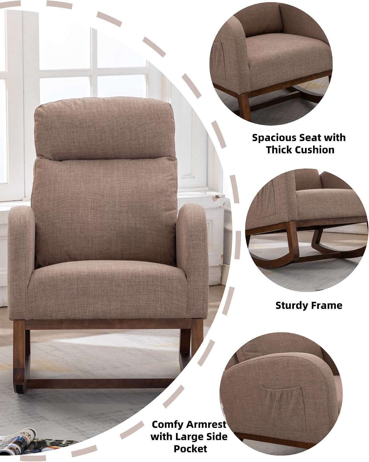 Rocking Accent Chair for Nursery, Upholstered Glider Nursery Chair with Breathable Fabric for Bedroom, Living Room, Camel