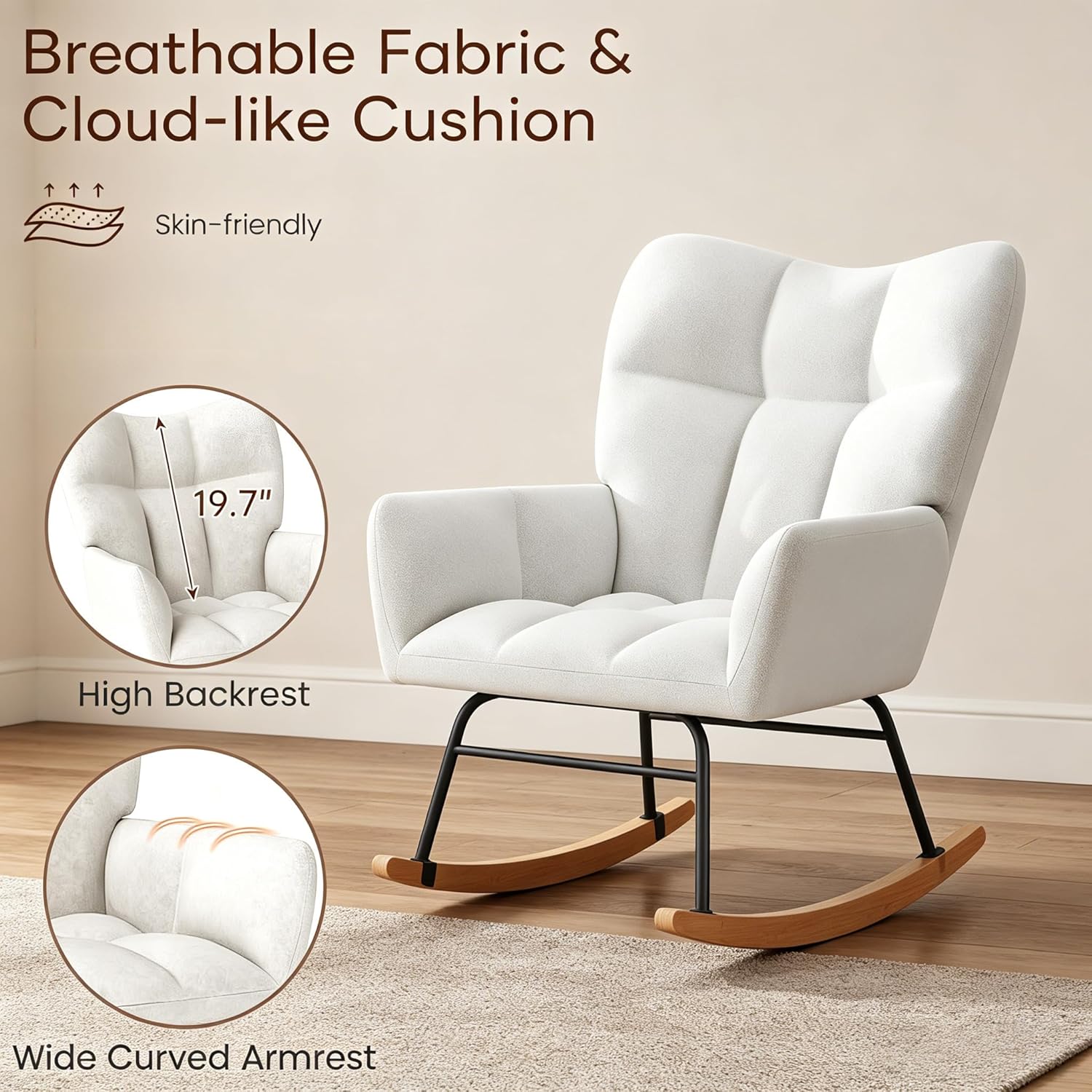 Nursery Rocking Chair with High Backrest, Indoor Upholstered Glider Rocker, Modern Comfy Accent Armchair for Bedroom, Living Room, Bedroom, Reading, Office, White